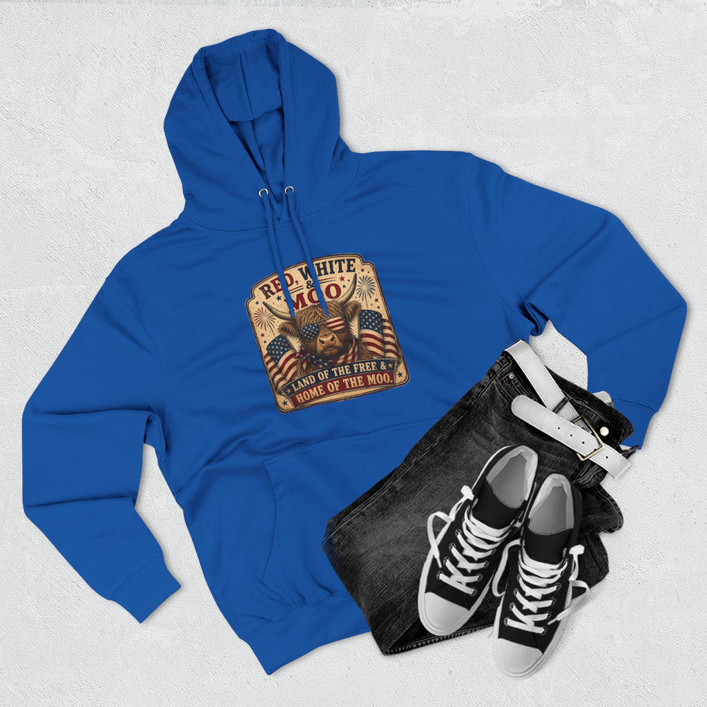 Red, White, & Moo Highland Cow Three-Panel Fleece Hoodie