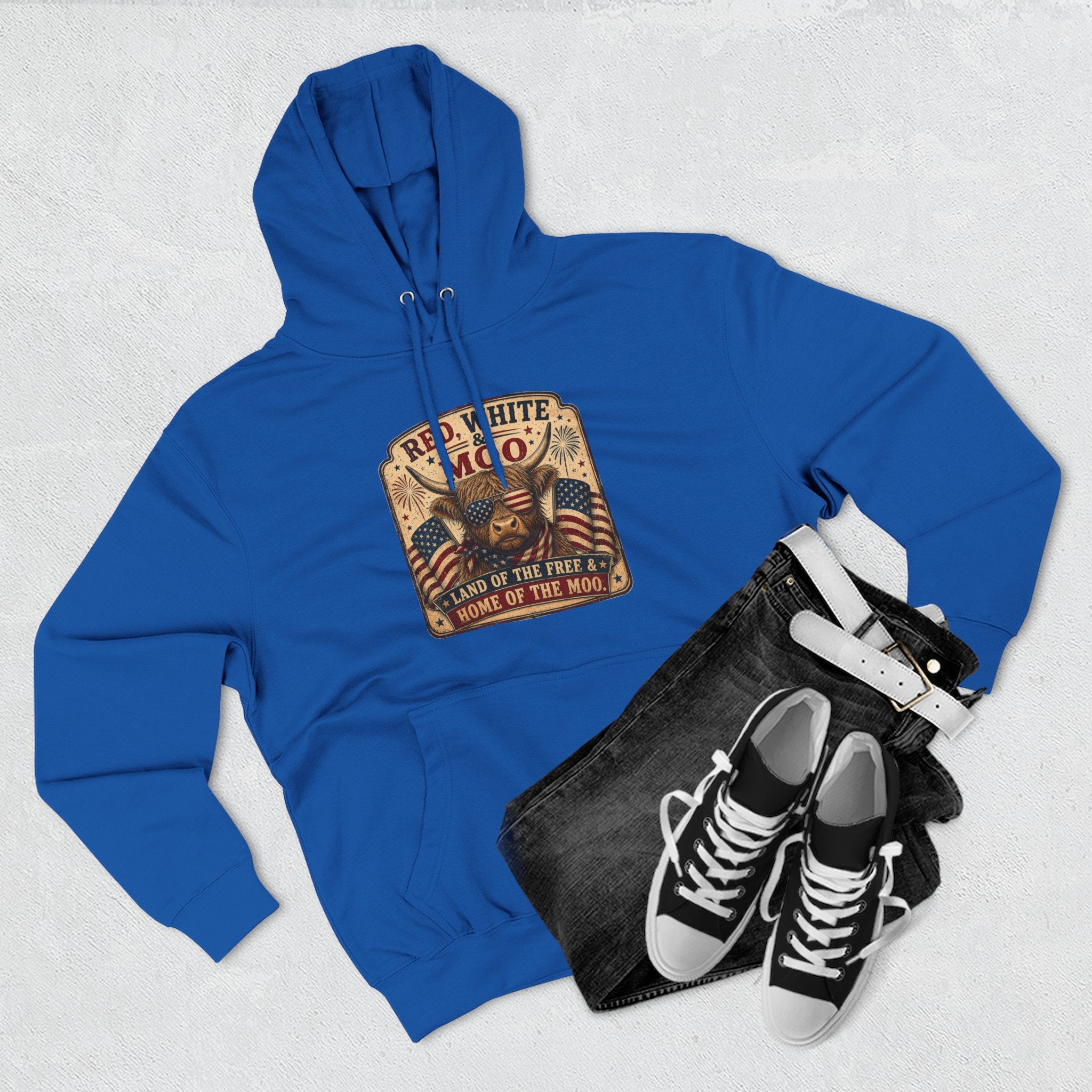 Red, White, & Moo Highland Cow Three-Panel Fleece Hoodie