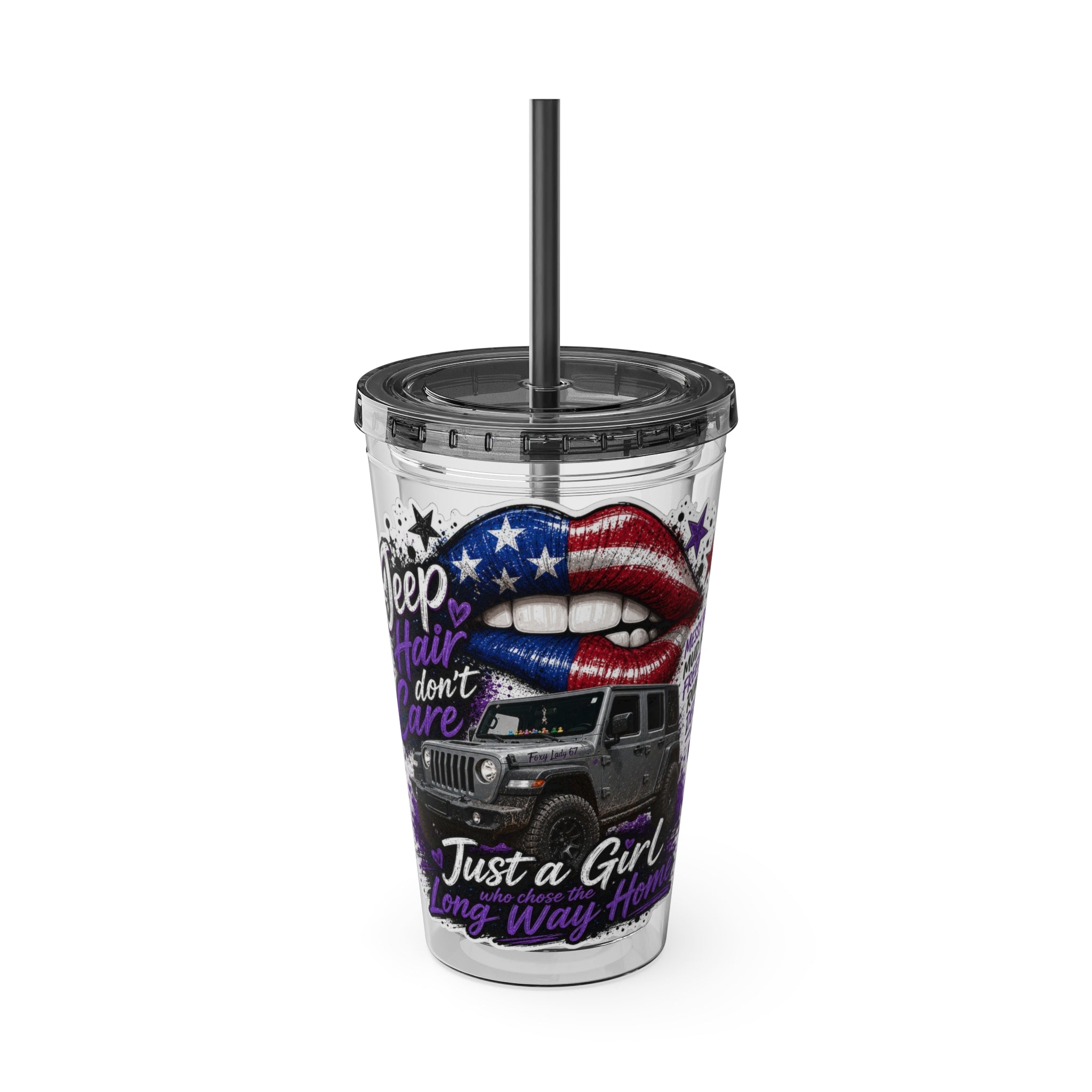"Jeep Hair Don't Care" Patriotic Lips Design — 16oz Sunsplash Tumbler with Straw
