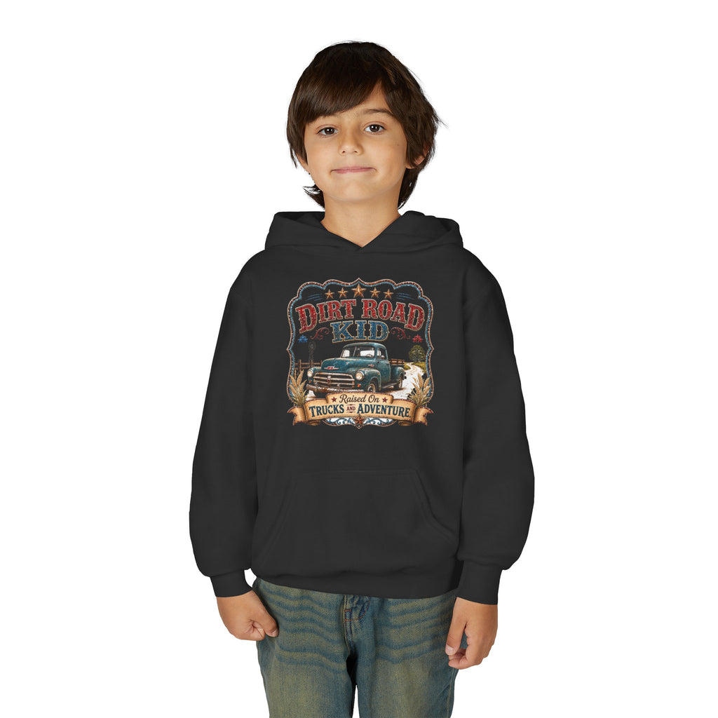 Youth Hoodie — “Dirt Road Kid” Vintage Truck Adventure Sweatshirt