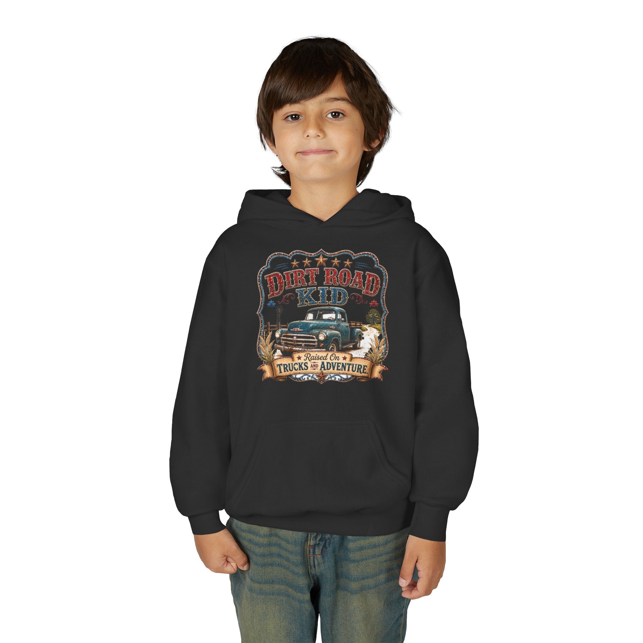 Youth Hoodie — “Dirt Road Kid” Vintage Truck Adventure Sweatshirt