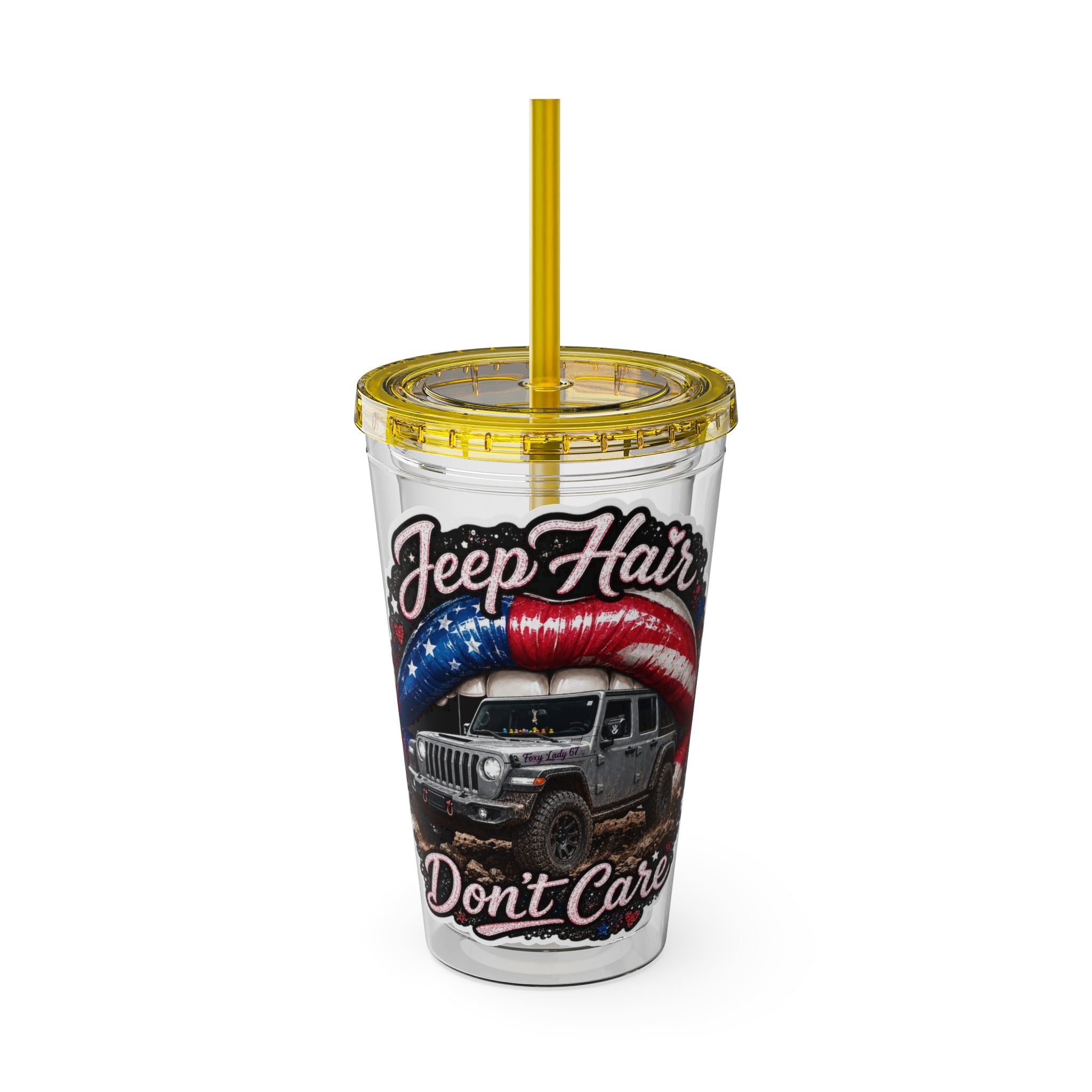Jeep Hair Don't Care 16oz Tumbler with Straw — Patriotic Off-Road Truck Design