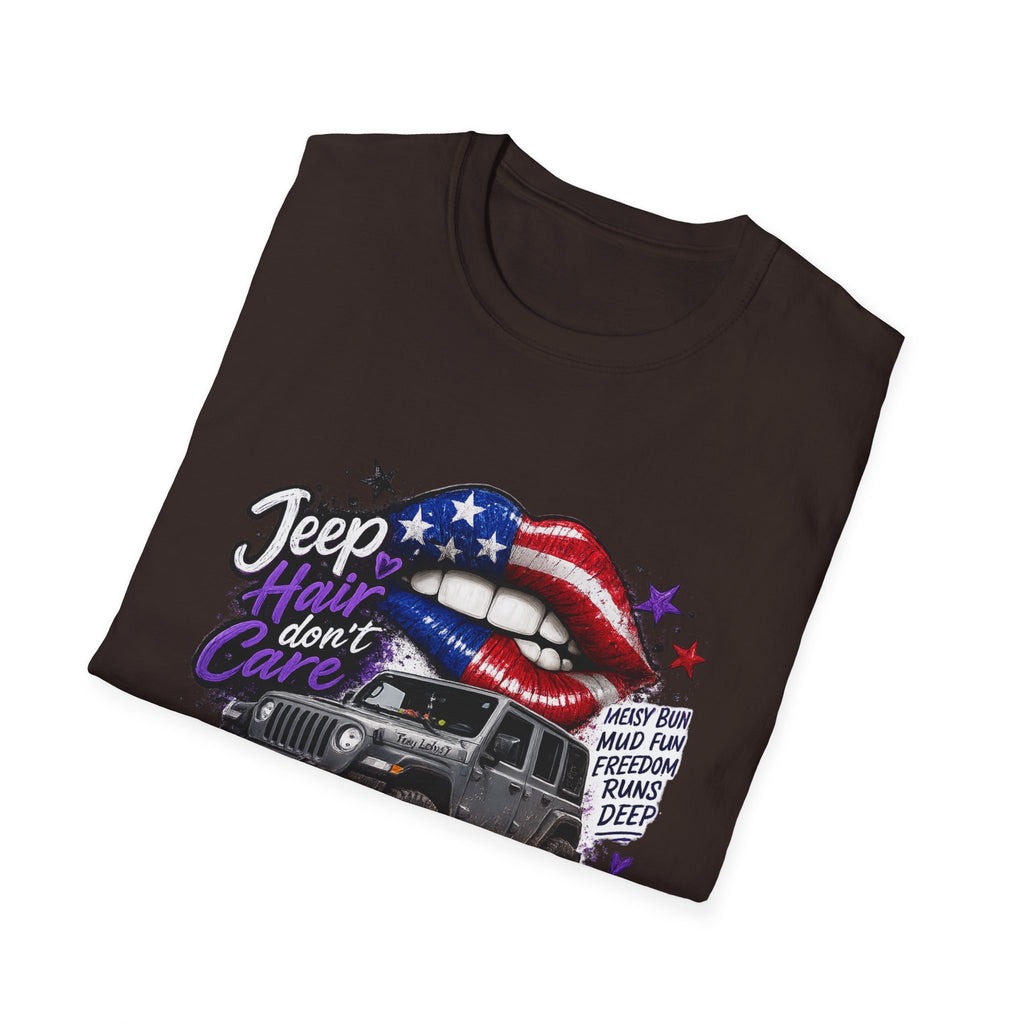 Jeep Hair Don't Care T-Shirt — American Flag Lips Off-Road Truck Tee