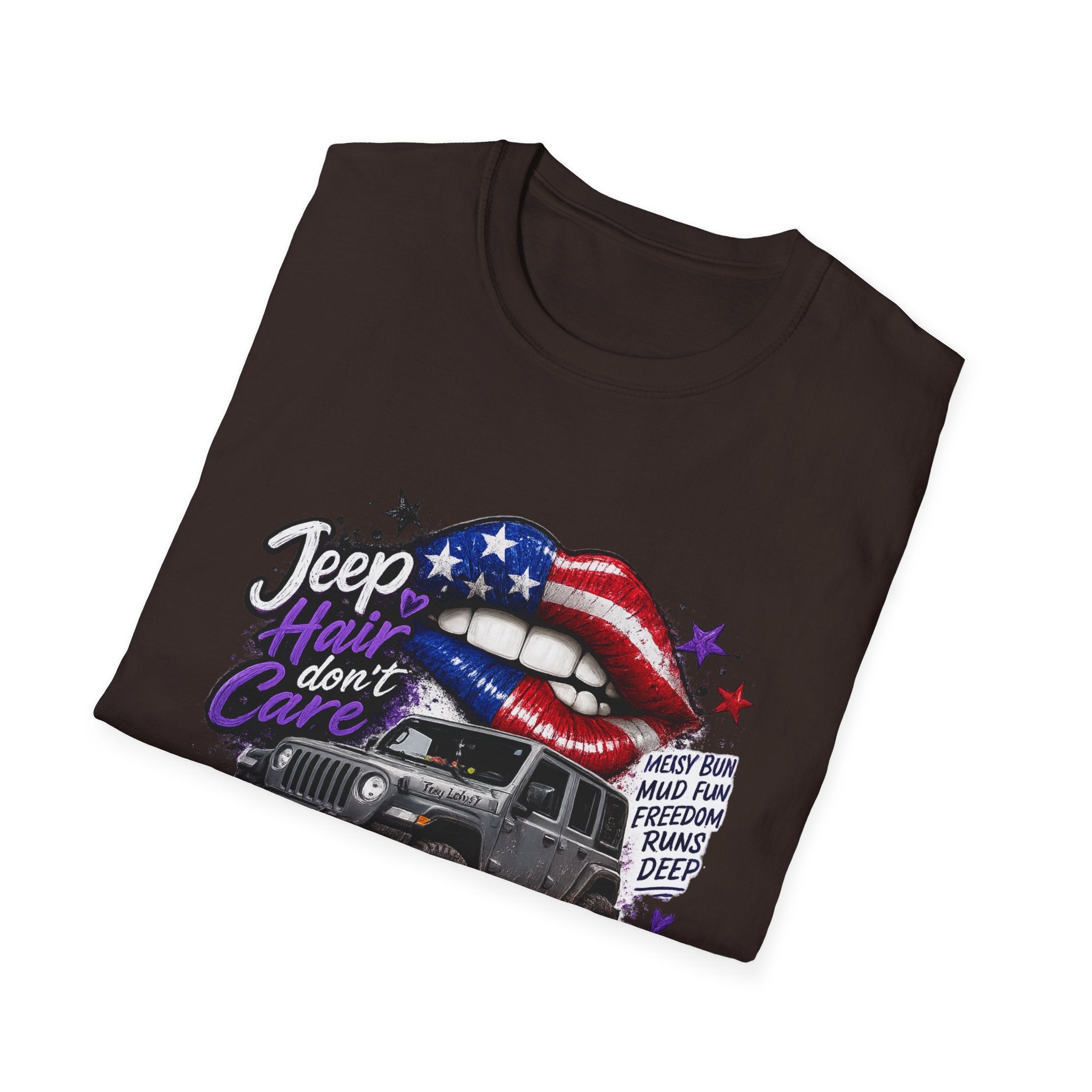 Jeep Hair Don't Care T-Shirt — American Flag Lips Off-Road Truck Tee