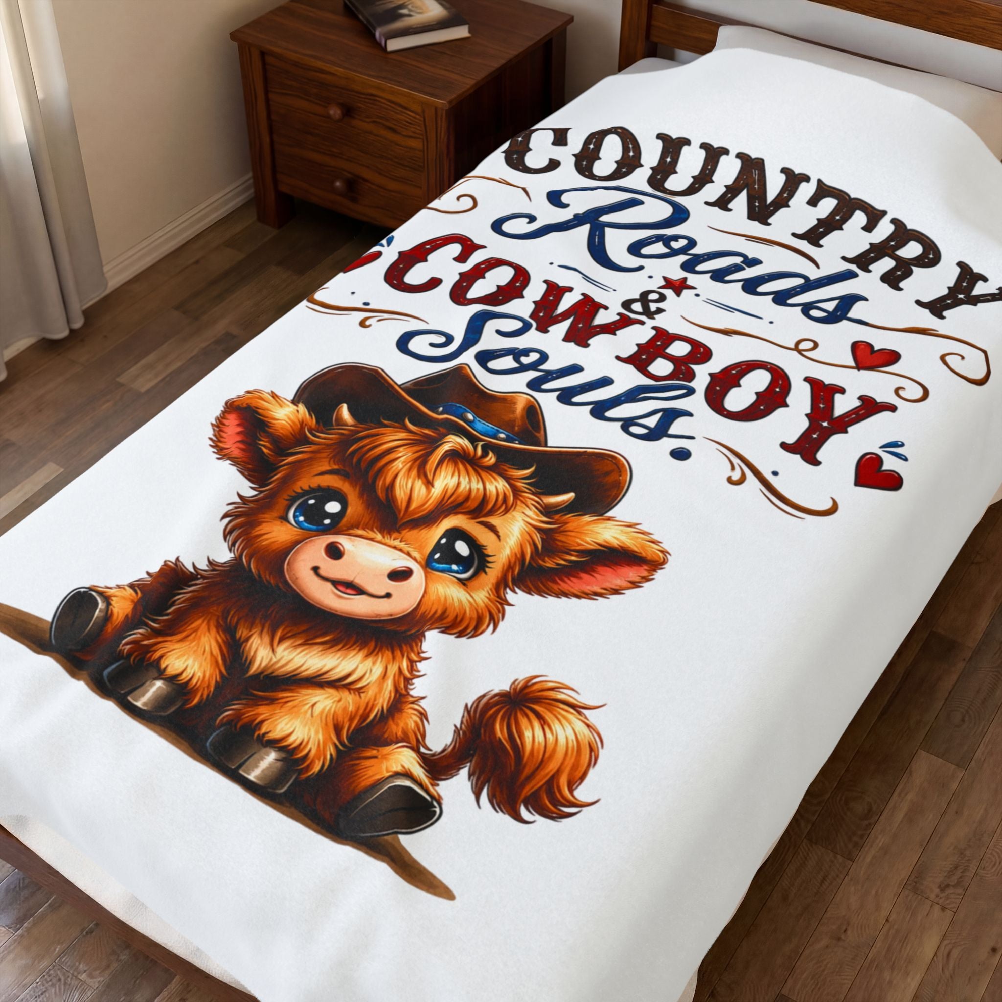Country Roads & Cowboy Souls Velveteen Plush Blanket – Cute Cow in Cowboy Hat