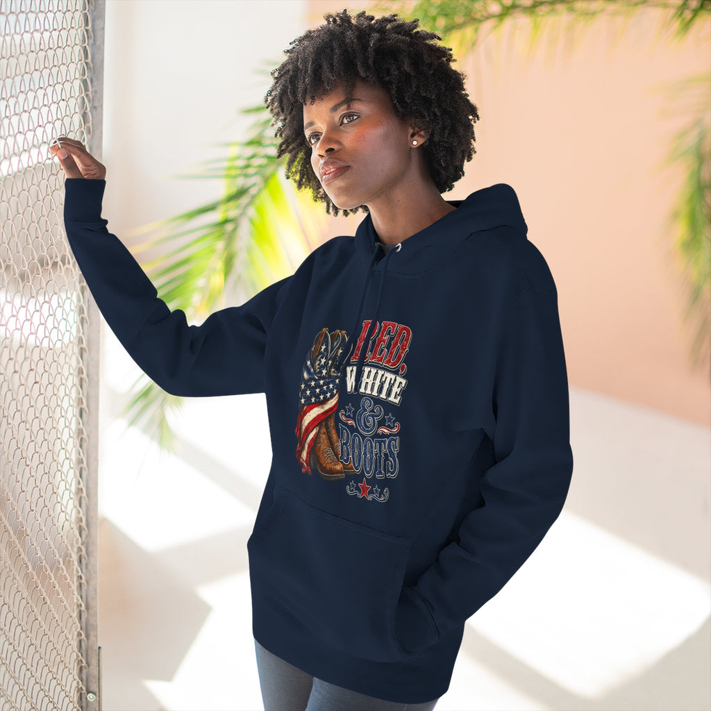 Patriotic 'Red White & Boots' Hoodie — American Flag Cowboy Boots Pullover