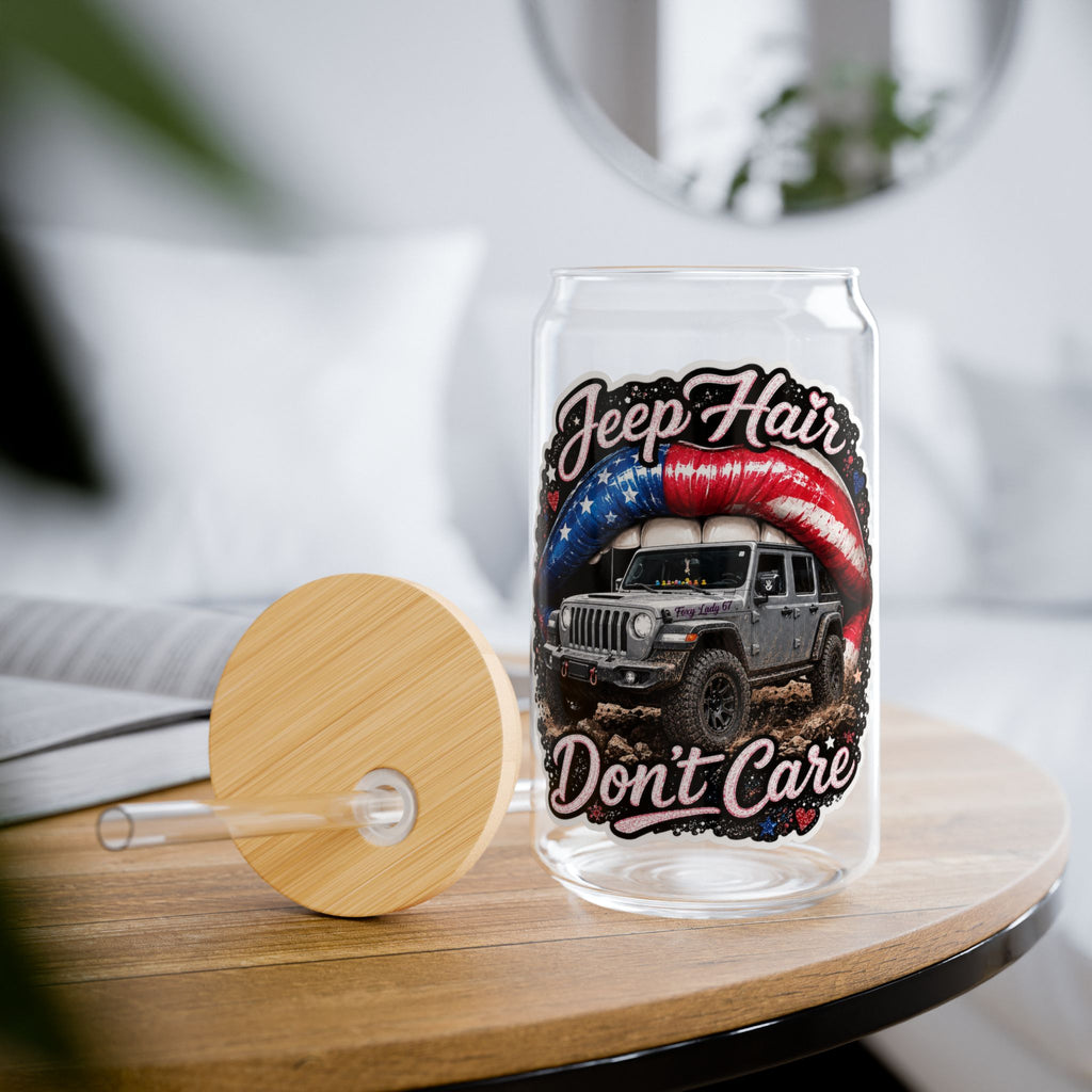 Jeep Hair Don’t Care 16oz Sipper Glass – Patriotic Off-Road Travel Tumbler