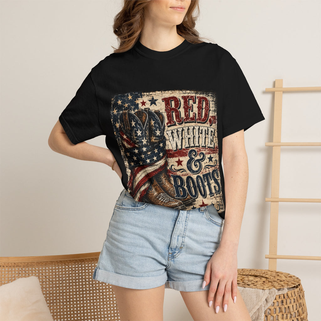Patriotic "Red White & Boots" T-Shirt — American Flag Cowboy Boot Tee