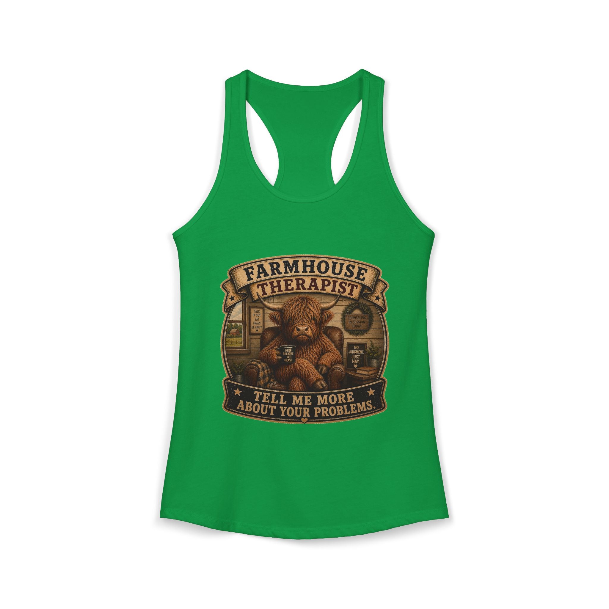 Farmhouse Therapist Highland Cow Women's Ideal Racerback Tank
