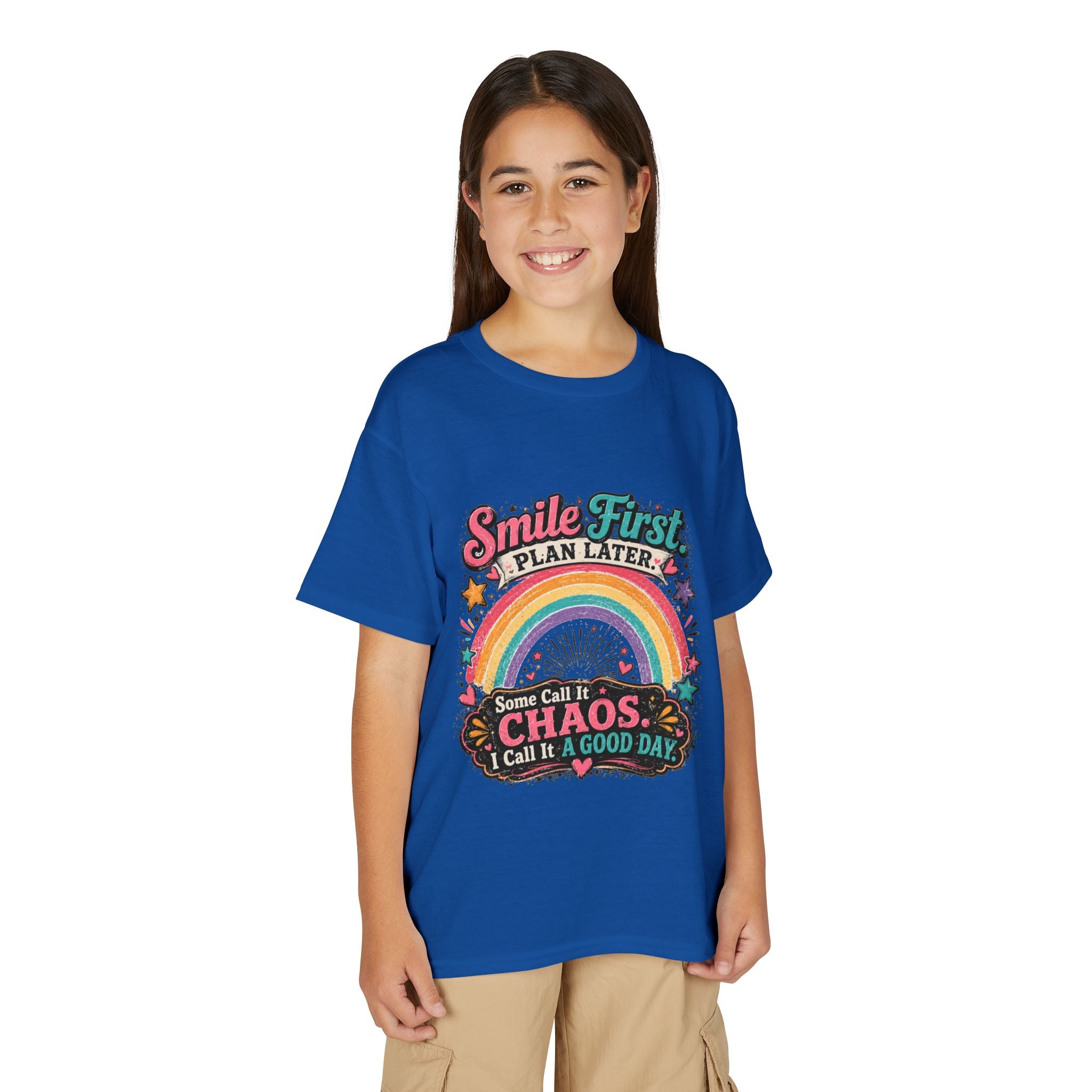 "Smile First, Plan Later" Rainbow Chaos Graphic Tee - Youth T-Shirt —