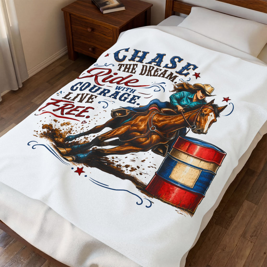“Chase the Dream, Ride with Courage, Live Free” Barrel Racing Horse Throw — Velveteen Blanket