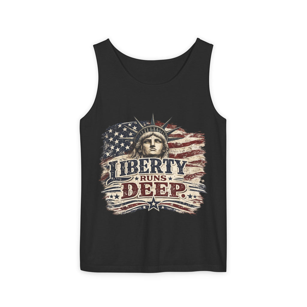 Liberty Runs Deep Tank Top — American Flag & Statue of Liberty Patriotic Shirt for 4th of July