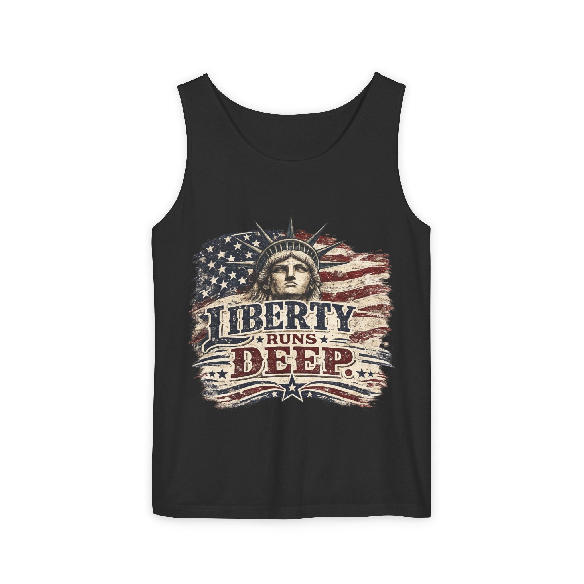 Liberty Runs Deep Tank Top — American Flag & Statue of Liberty Patriotic Shirt for 4th of July