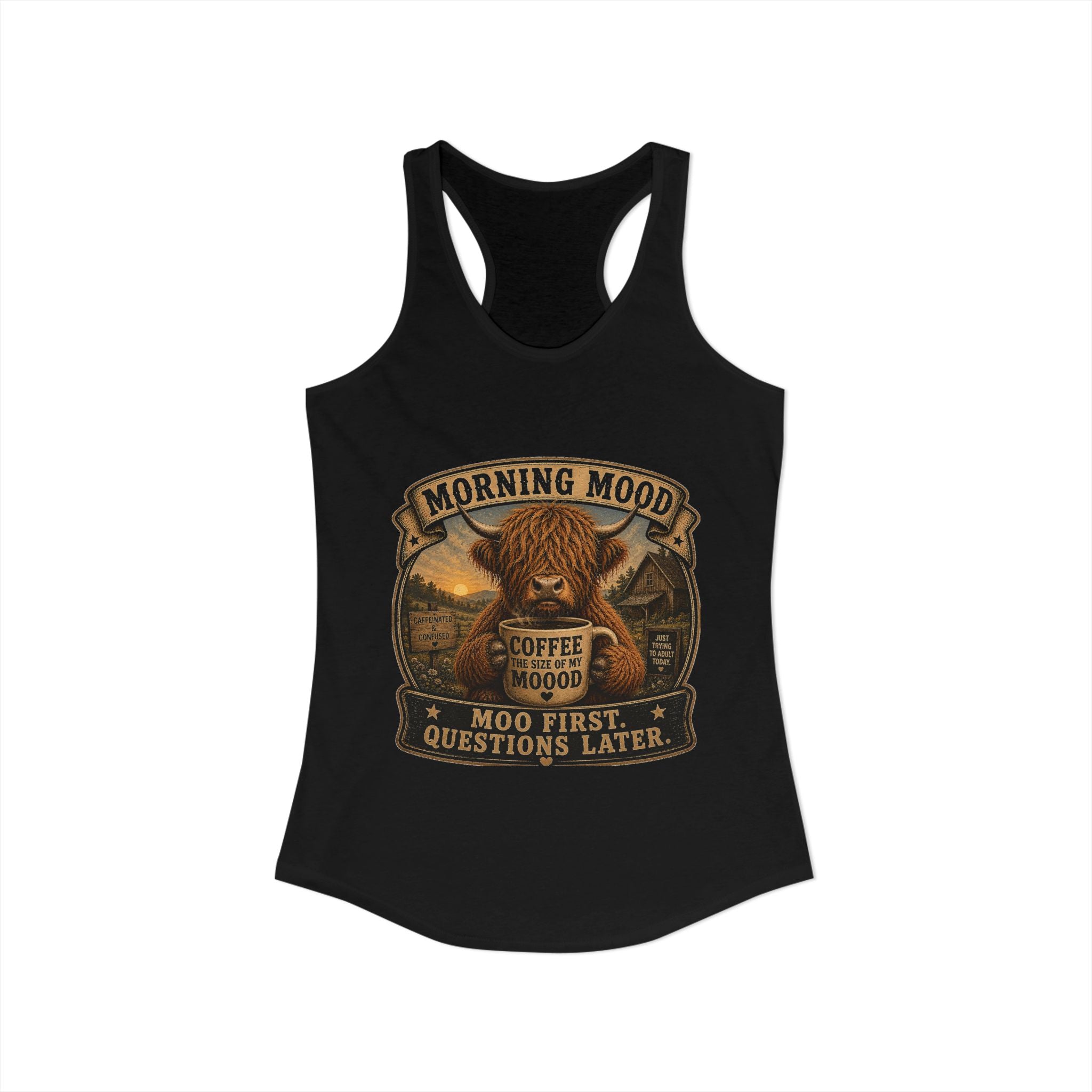 Morning Mood Highland Cow Women's Ideal Racerback Tank