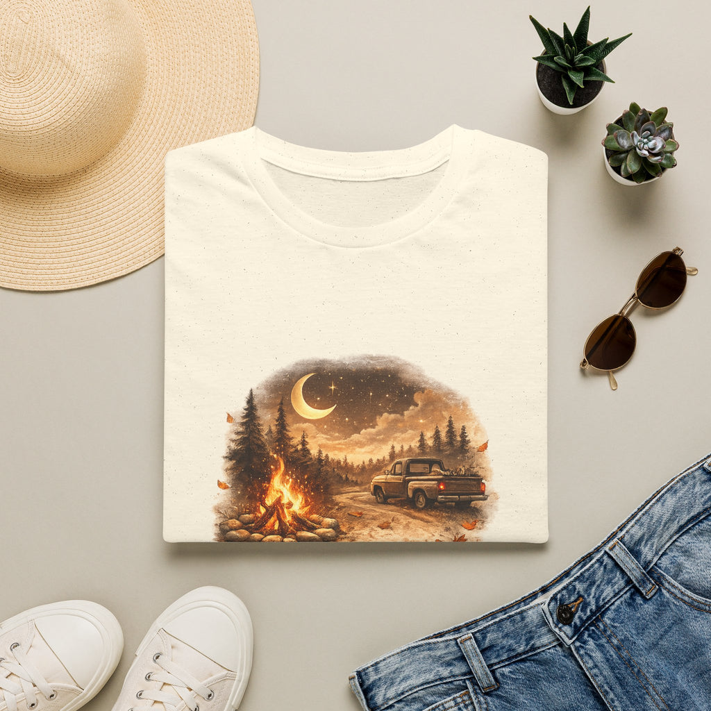 'Bonfires, Backroads, and October Skies' Outdoor Tee — Camping Scene T‑Shirt