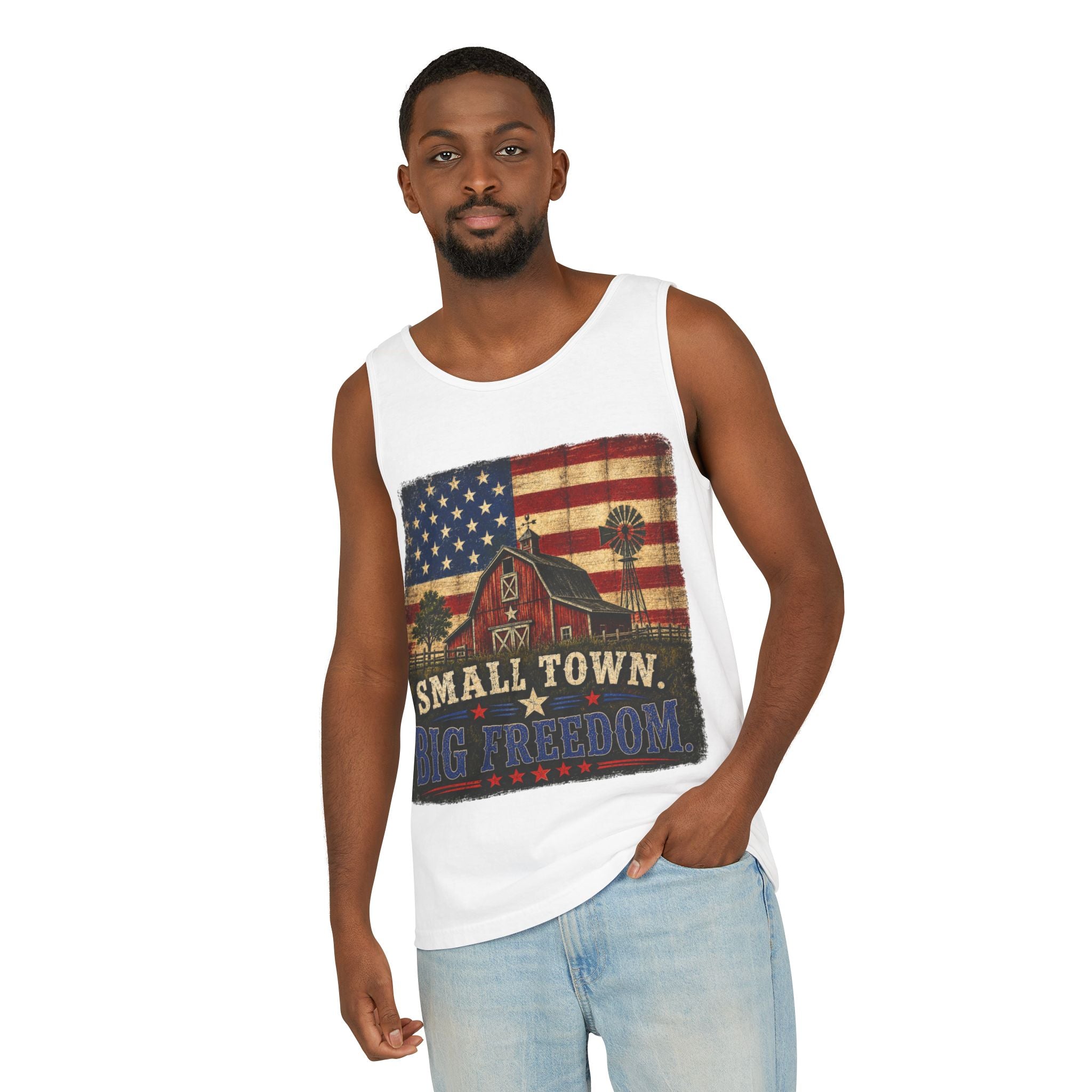 Small Town, Big Freedom Tank Top — Vintage American Flag Barn Patriotic Tank