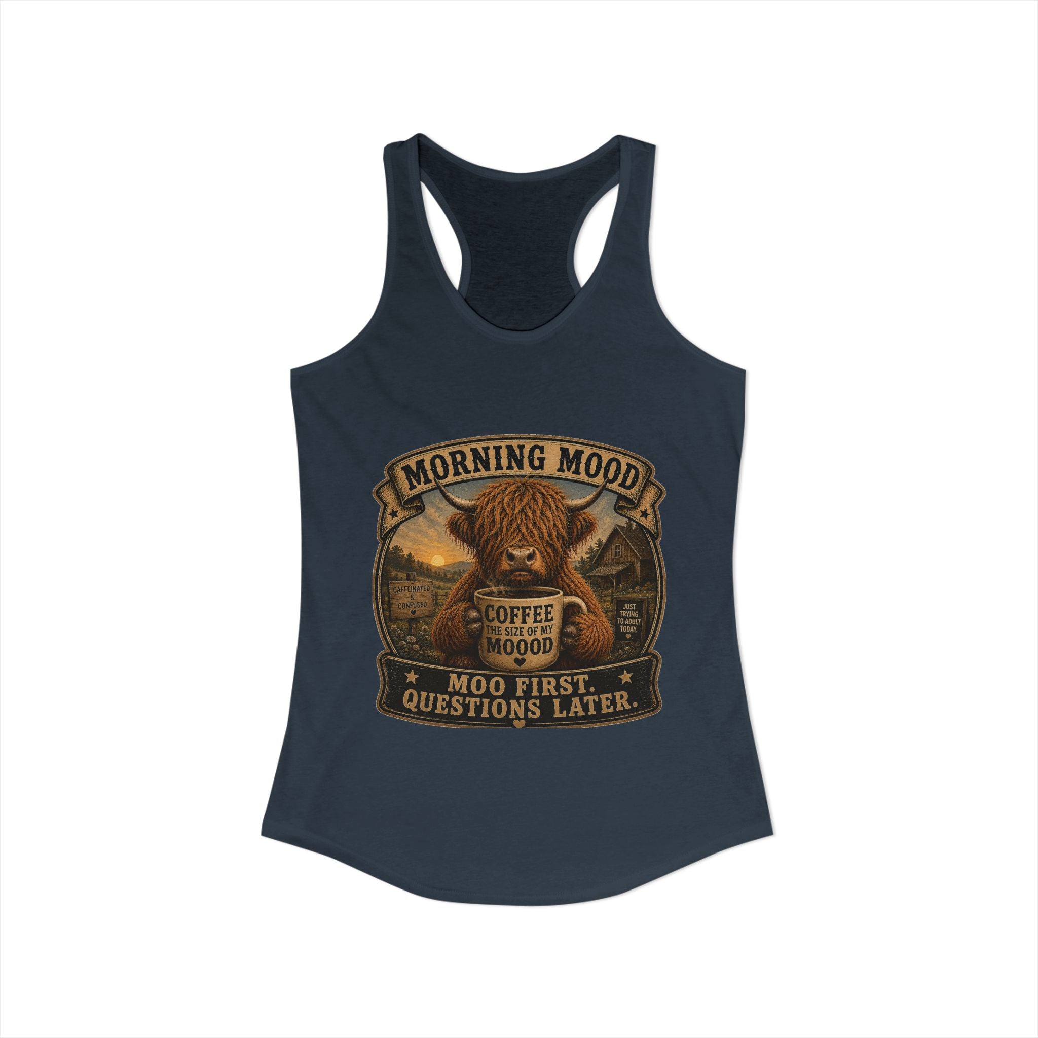 Morning Mood Highland Cow Women's Ideal Racerback Tank