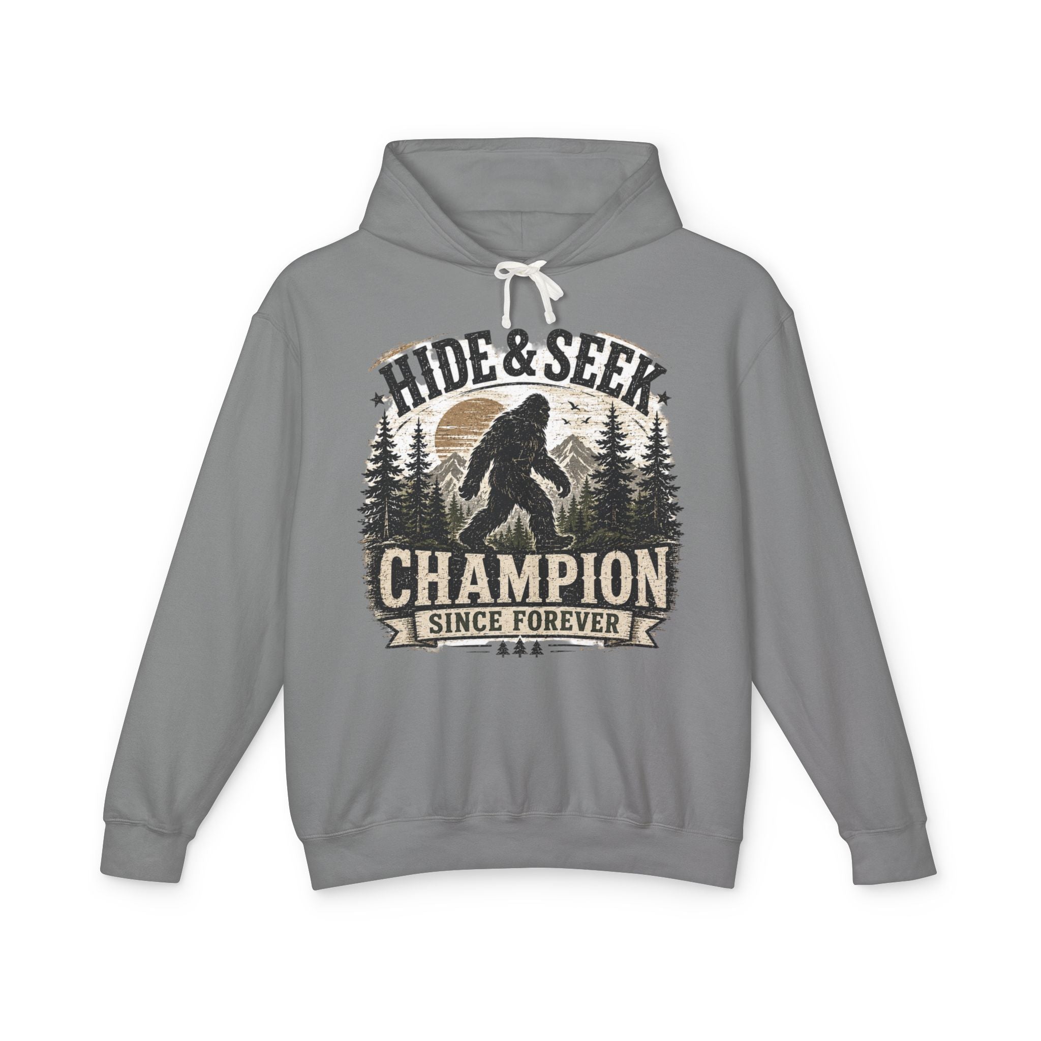 Hide & Seek Champion Hoodie — Bigfoot Sasquatch Graphic Hooded Sweatshirt