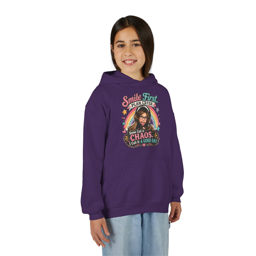 “Smile First, Plan Later” Retro Rainbow Chaos Graphic — Youth Hoodie