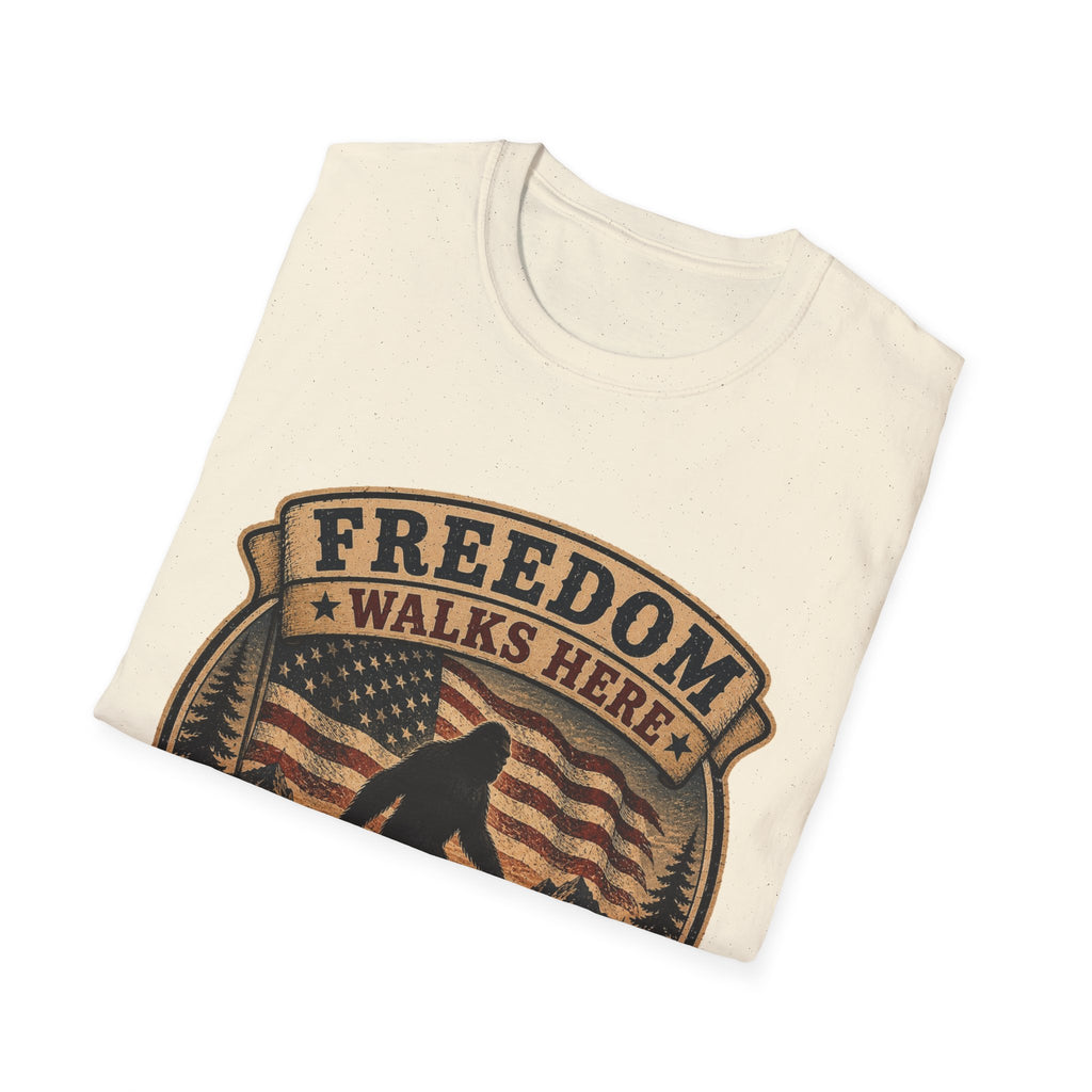 Freedom Walks Here T-Shirt — Patriotic Bigfoot Graphic Tee