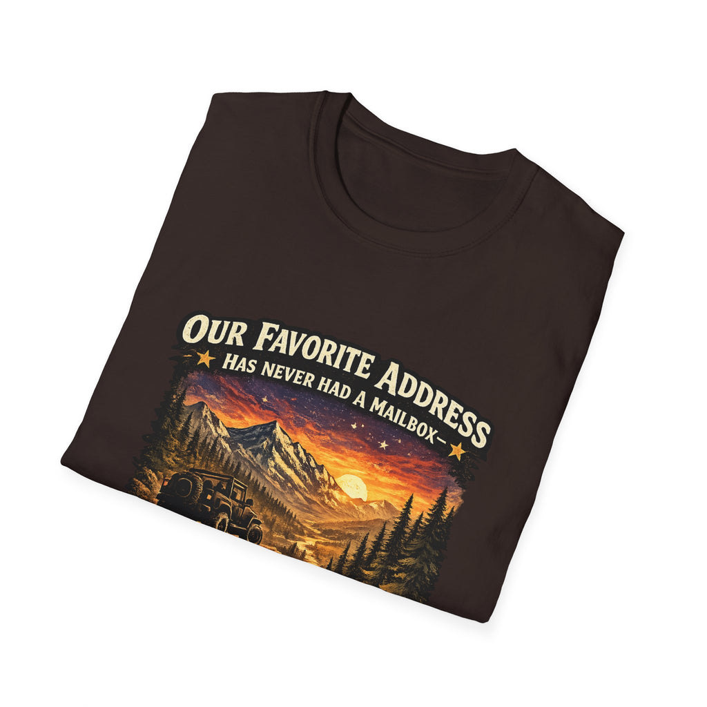 "Our Favorite Address Has Never Had a Mailbox" Scenic Mountain Camping Tee — T-Shirt