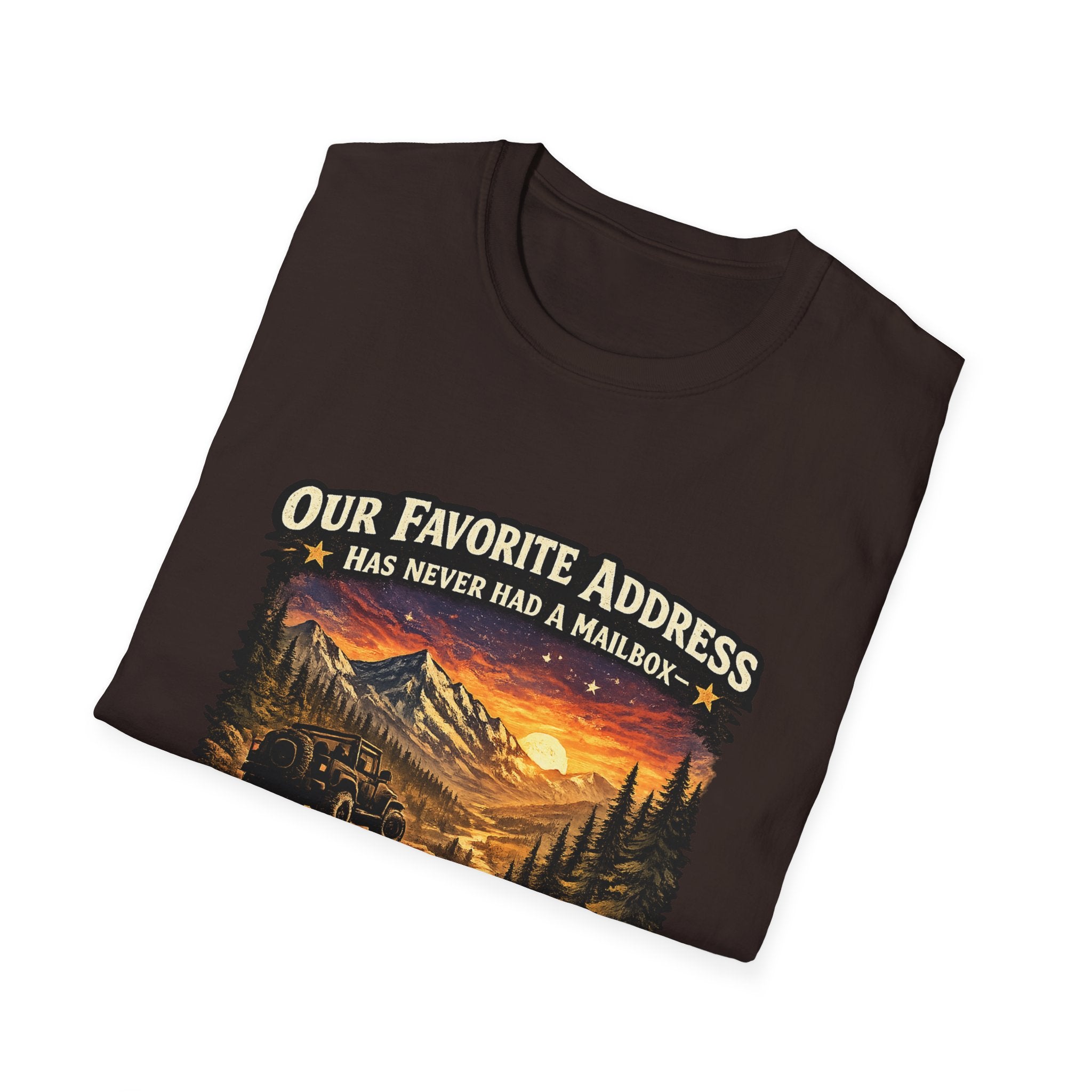 "Our Favorite Address Has Never Had a Mailbox" Scenic Mountain Camping Tee — T-Shirt