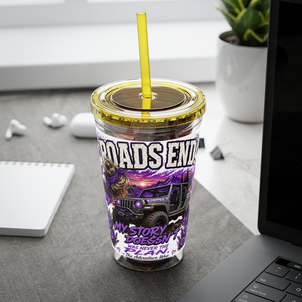 Roads End 16oz Tumbler with Straw — Purple Adventure Truck Design