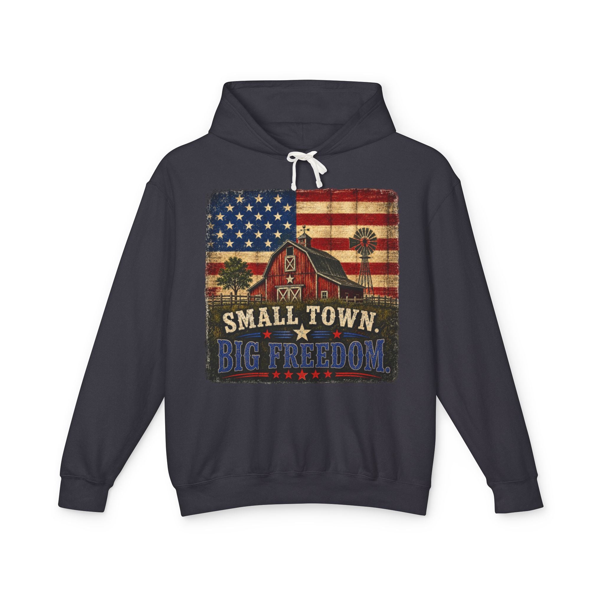 Small Town Big Freedom Hoodie — Vintage American Flag Barn Patriotic Pullover