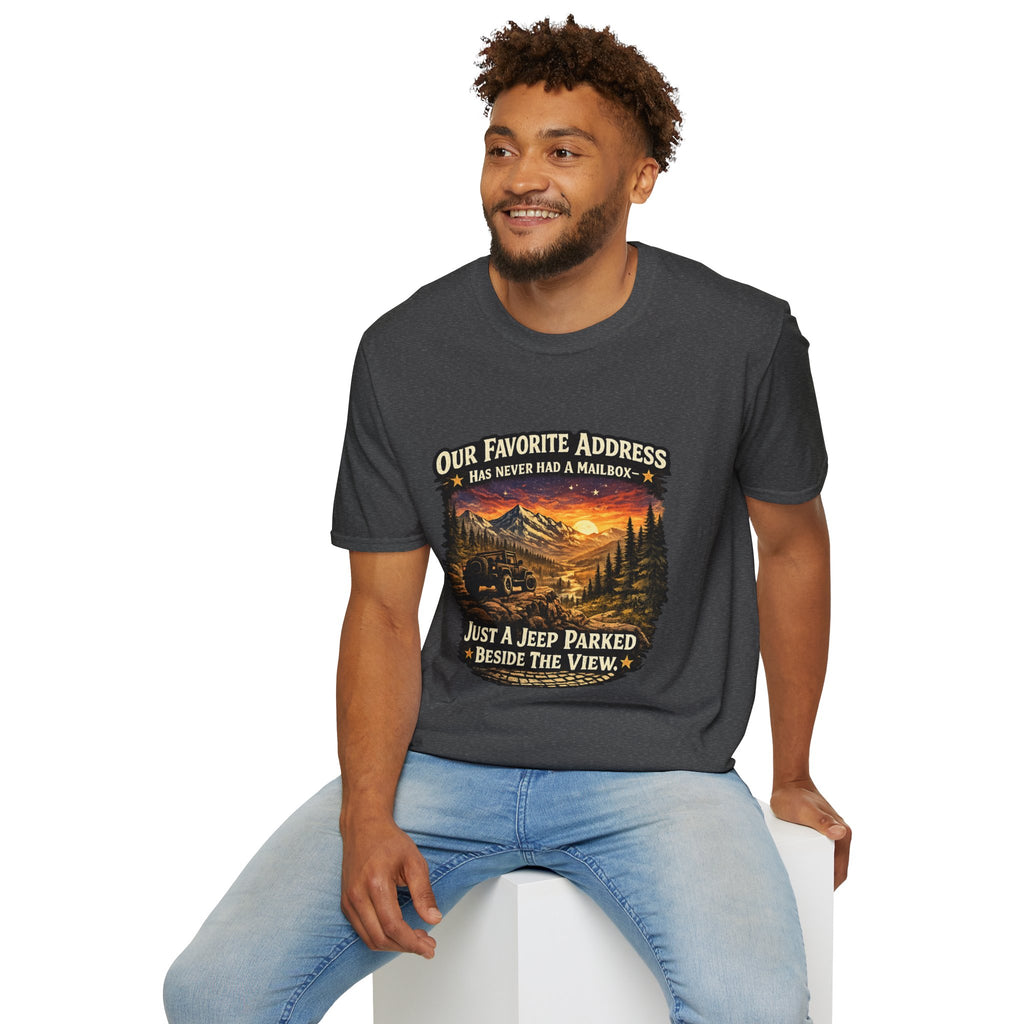 "Our Favorite Address Has Never Had a Mailbox" Scenic Mountain Camping Tee — T-Shirt