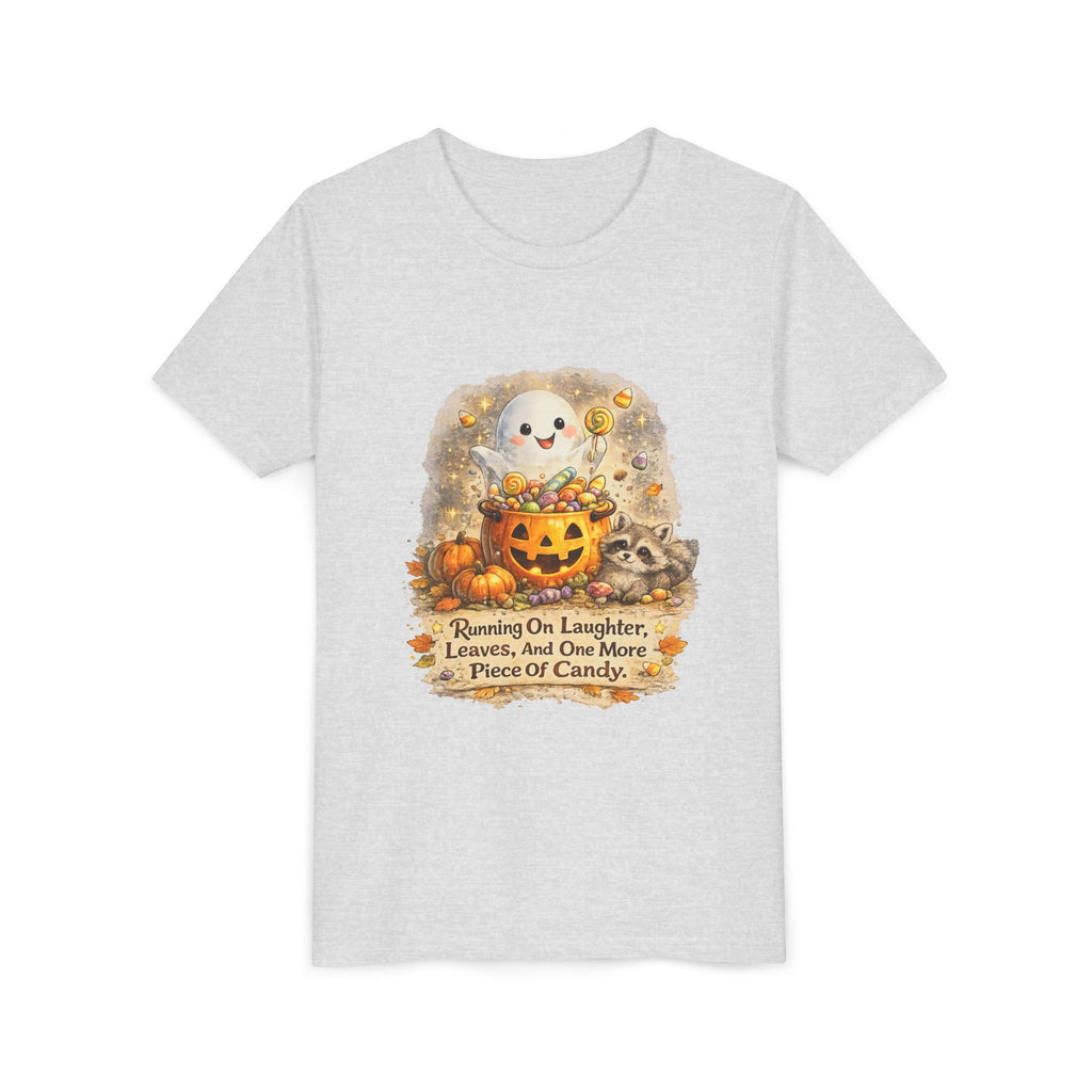 Cute Ghost, Pumpkin Candy & 'Running On Laughter, Leaves, And One More Piece Of Candy' — Youth Halloween Tee