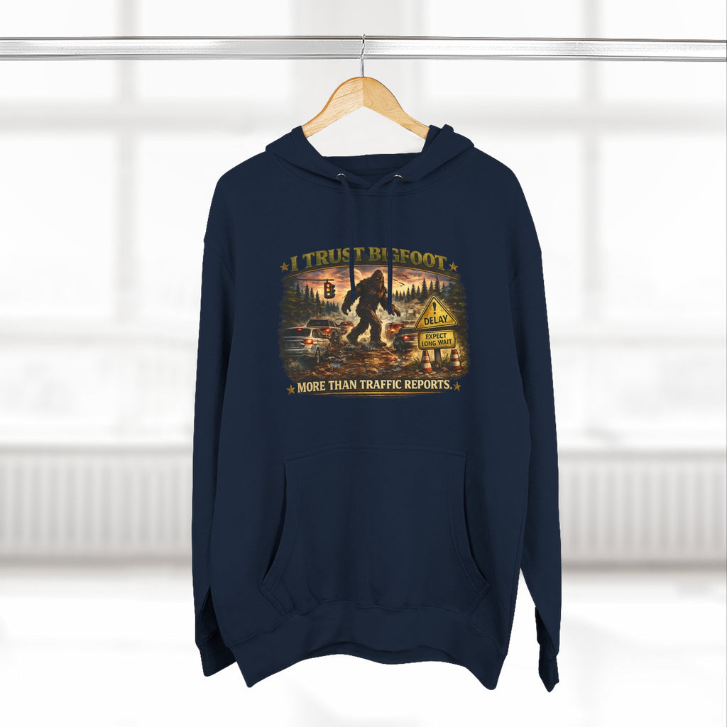 Bigfoot Forest Hoodie - "More Than Traffic Reports" Retro Sasquatch Graphic Hoodie