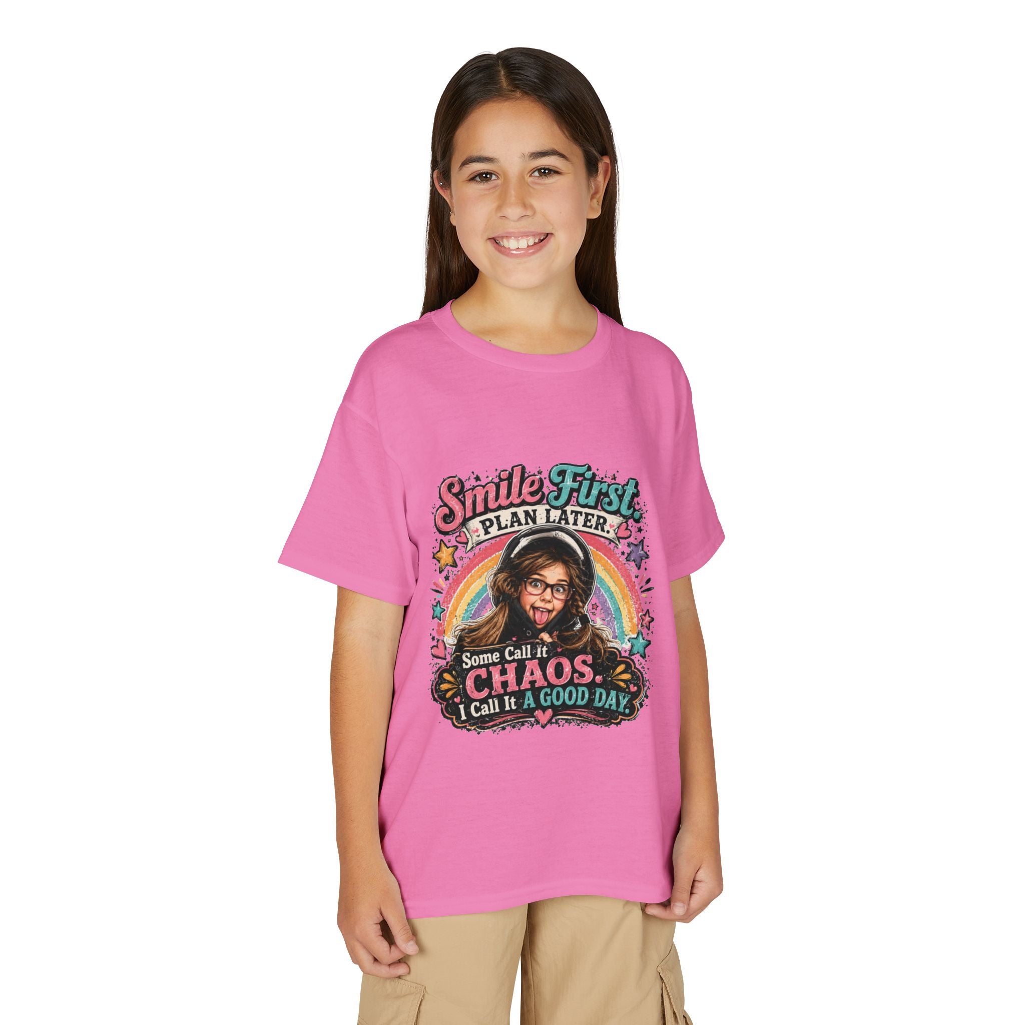 "Smile First, Plan Later" Funny Chaos Rainbow Kids Tee — Youth T-Shirt