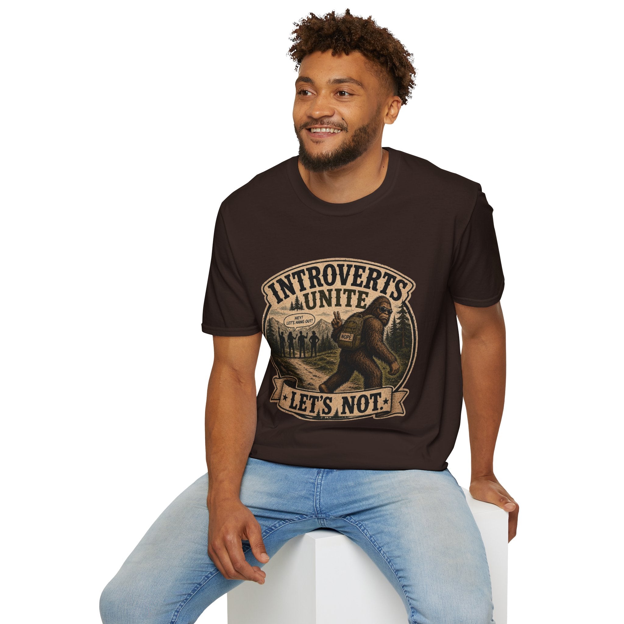Bigfoot’s Introverts Unite Let's Not T-Shirt — Funny Sasquatch Recalculating Map Tee
