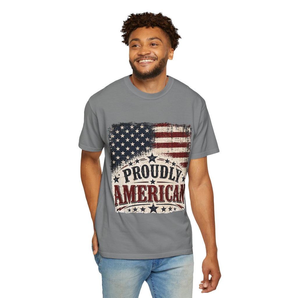 Proudly American T-Shirt — Vintage Flag Patriotic Tee for 4th of July