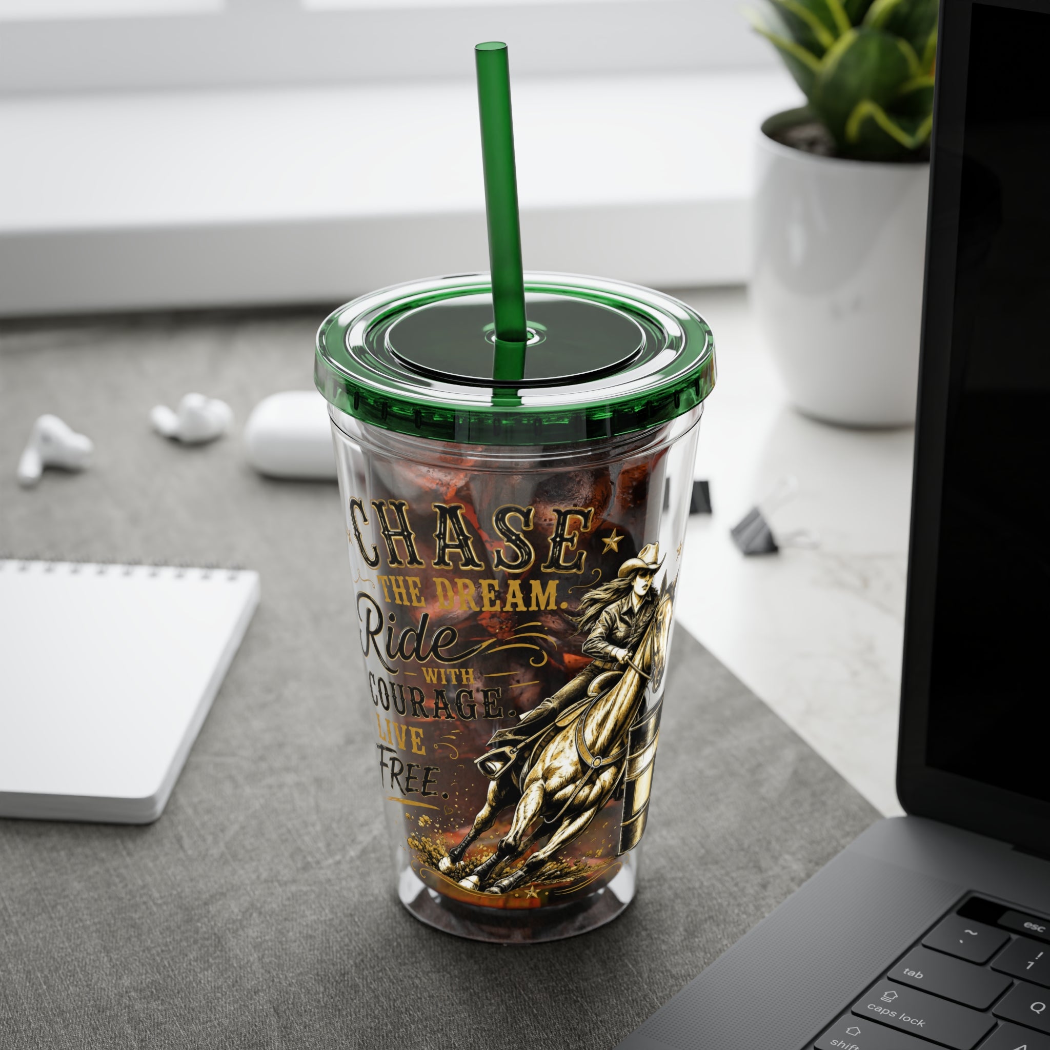 Inspirational Horse Tumbler with Straw — "Chase the Dream, Ride with Courage" 16oz