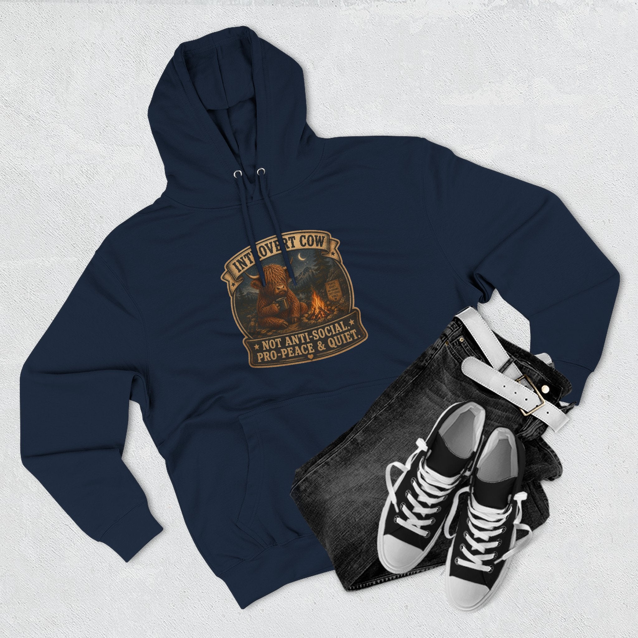 Introvert Highland Cow Three-Panel Fleece Hoodie
