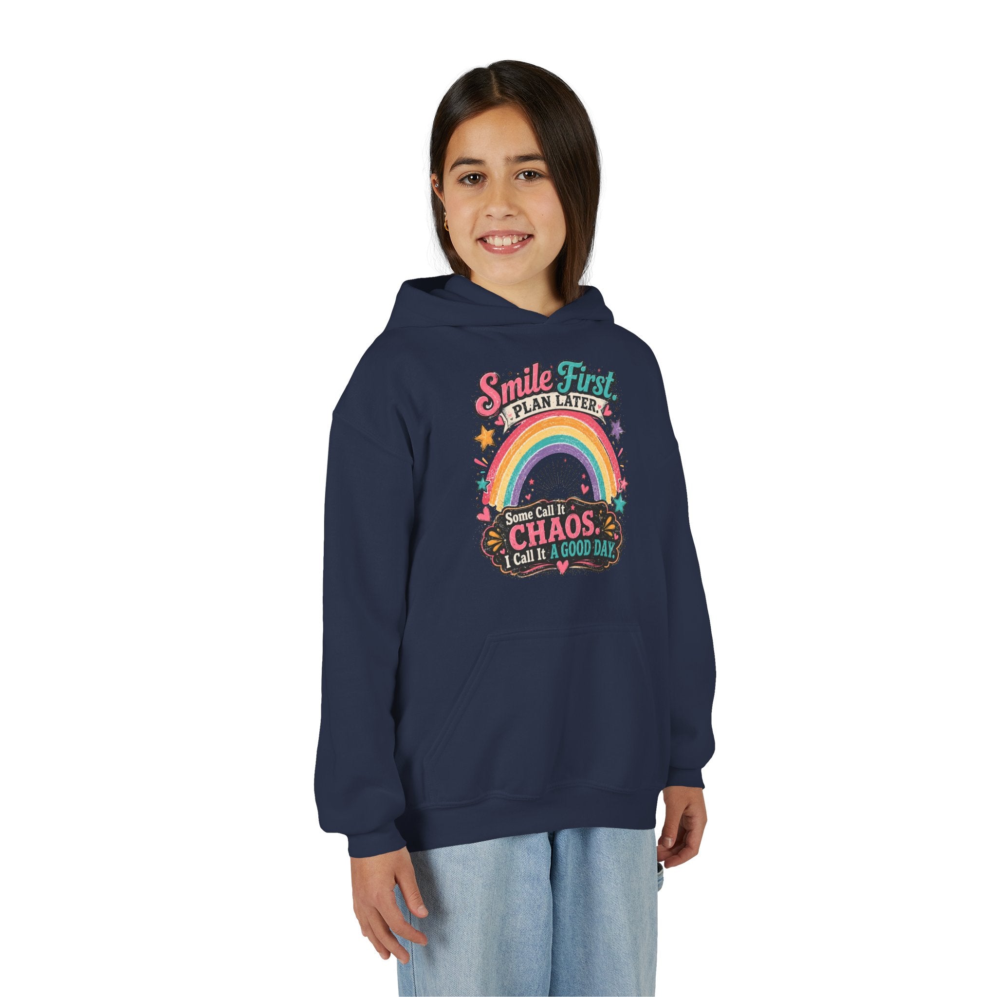 "Smile First, Plan Later" Rainbow Chaos Quote Pullover - Youth Hoodie -