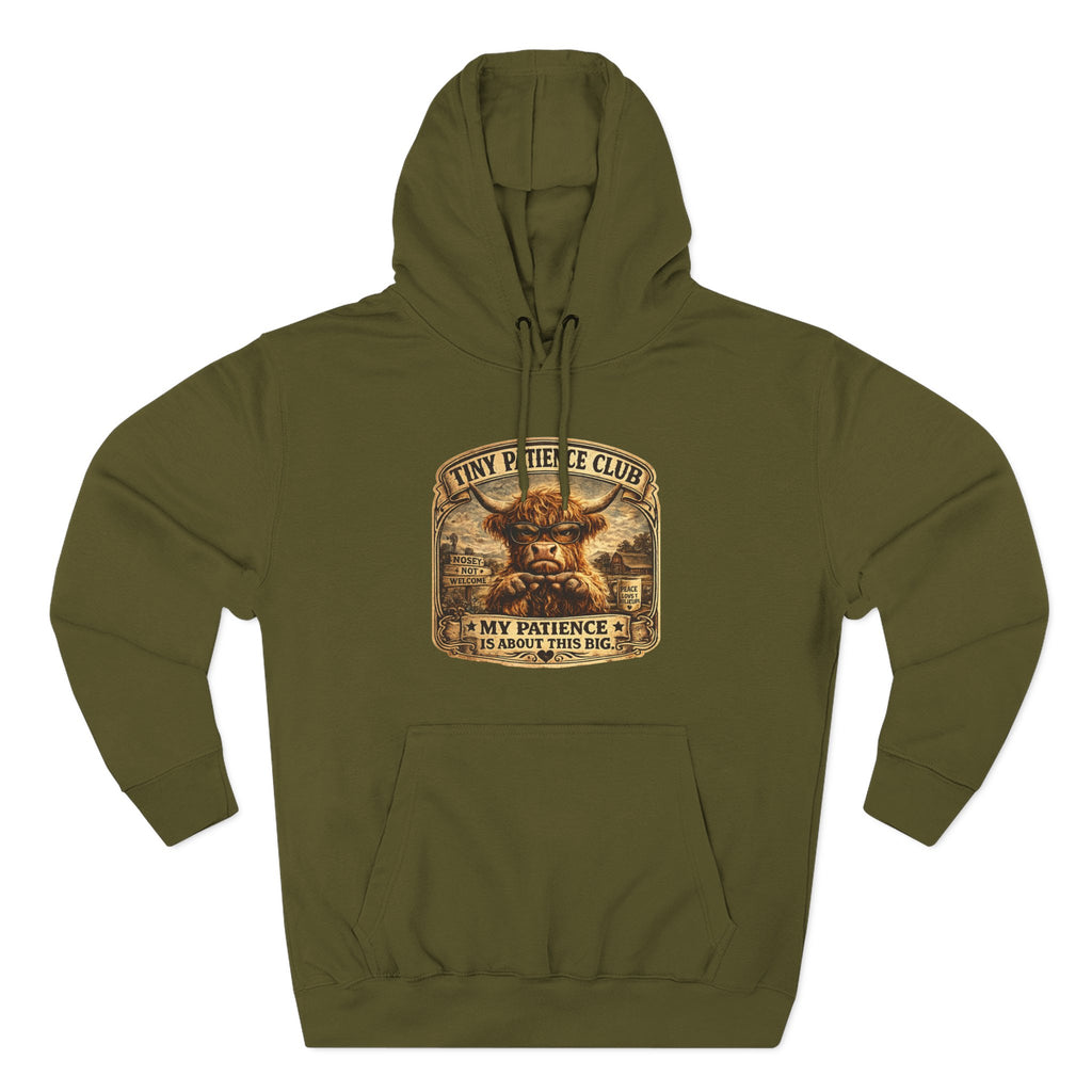 Tiny Patience Club Highland Cow Three-Panel Fleece Hoodie