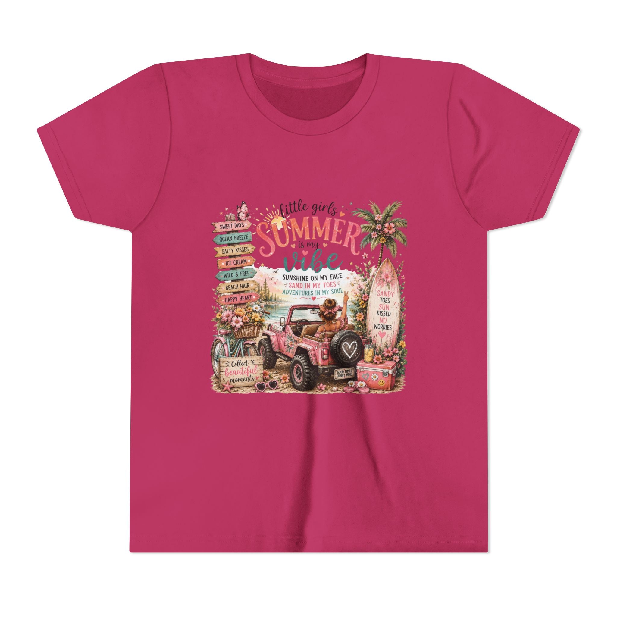 "Little Girls Summer Vibe" Tropical Jeep Surfboard Beach Graphic - Youth Tee