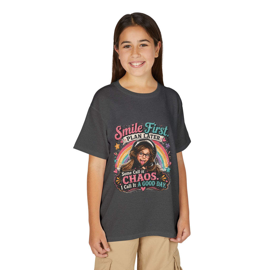 "Smile First, Plan Later" Funny Chaos Rainbow Kids Tee — Youth T-Shirt