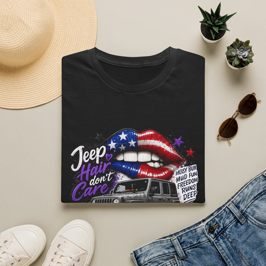 Jeep Hair Don't Care T-Shirt — American Flag Lips Off-Road Truck Tee