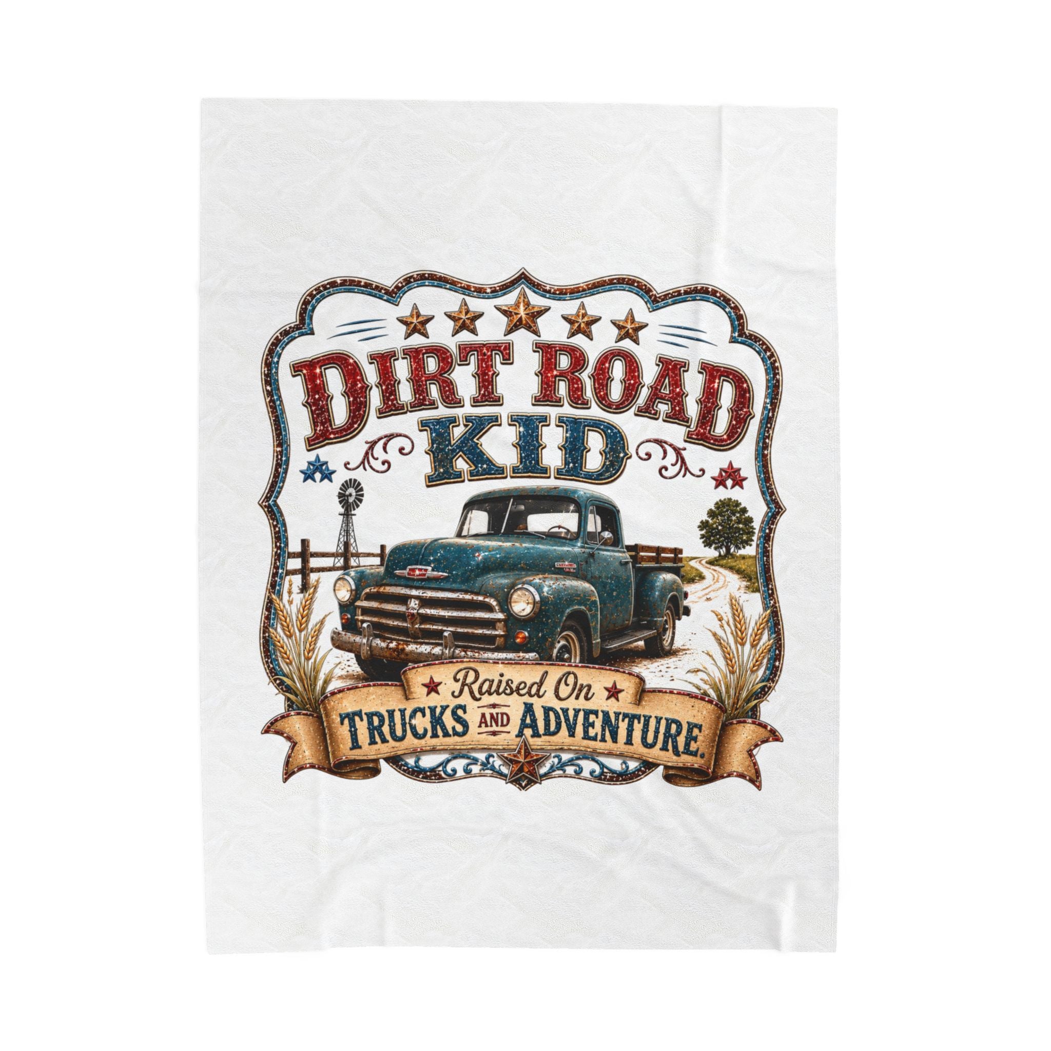 "Dirt Road Kid: Raised on Trucks & Adventure" Retro Truck Throw — Velveteen Blanket