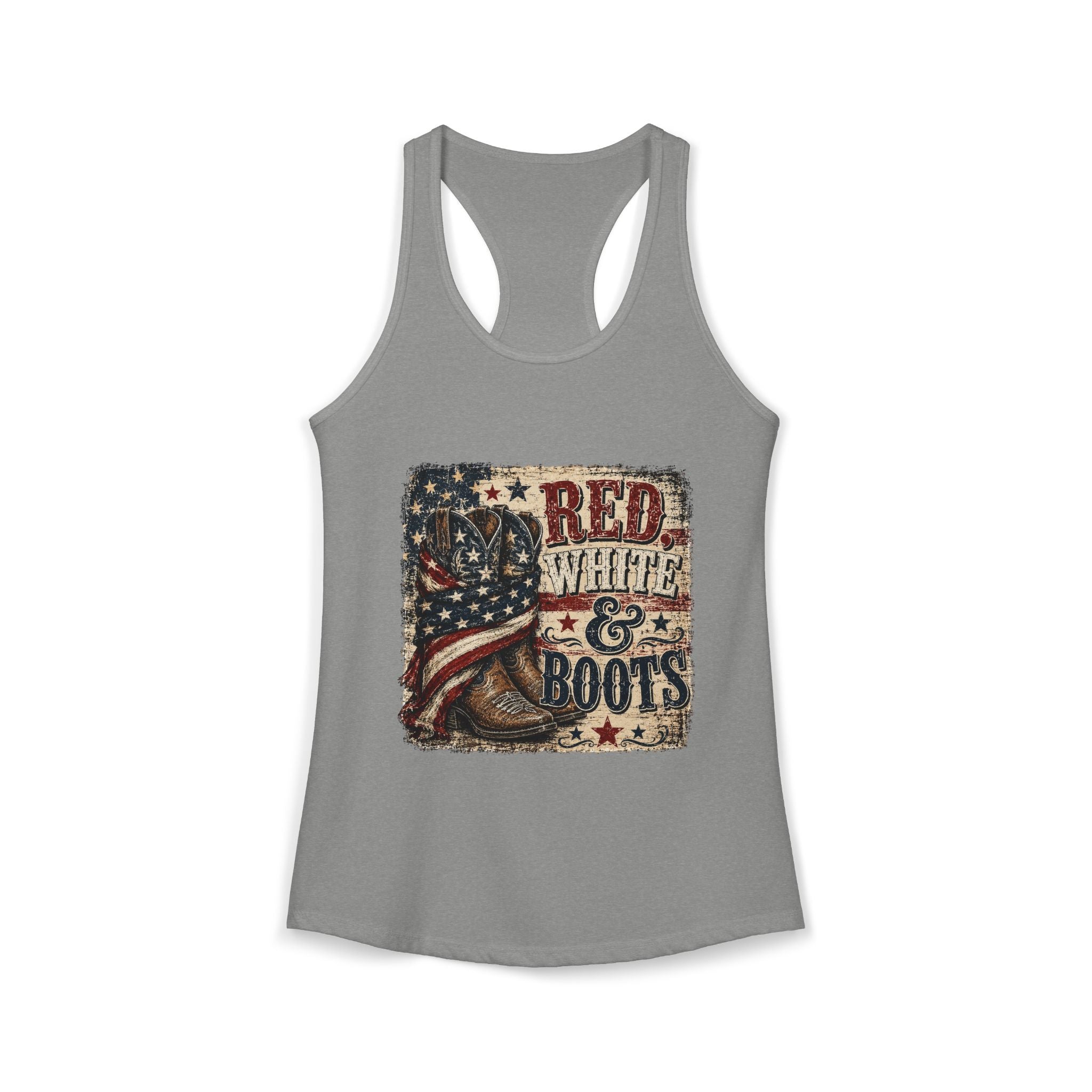 Patriotic "Red White & Boots" Women's Ideal Racerback Tank— American Flag Cowboy Boot Tank