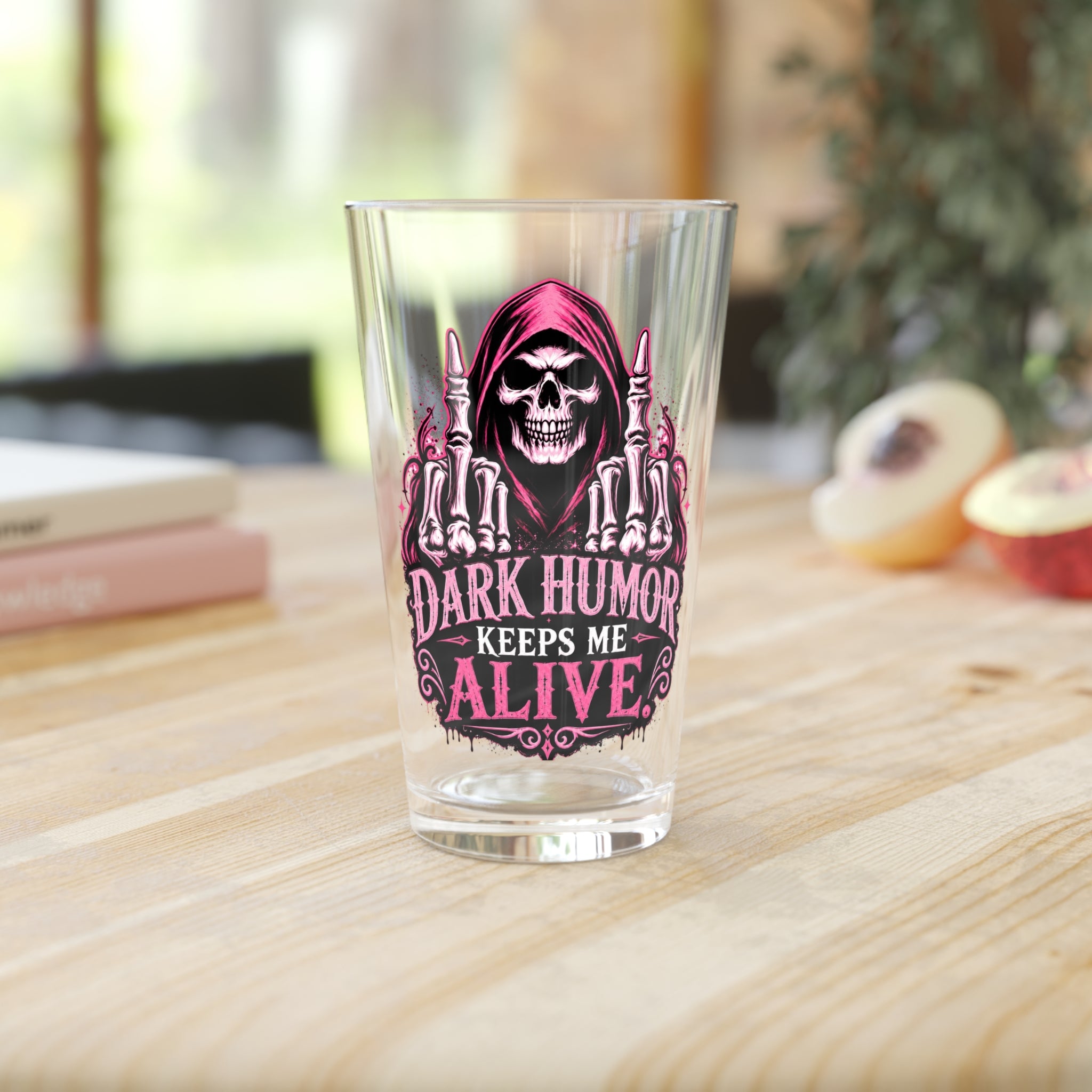 Humor Keeps Me Alive Grim Reaper Pink Pint Glass, 16oz
