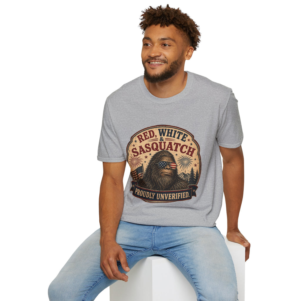 Red, White & Sasquatch T-Shirt — Proudly Unverified Patriotic Tee