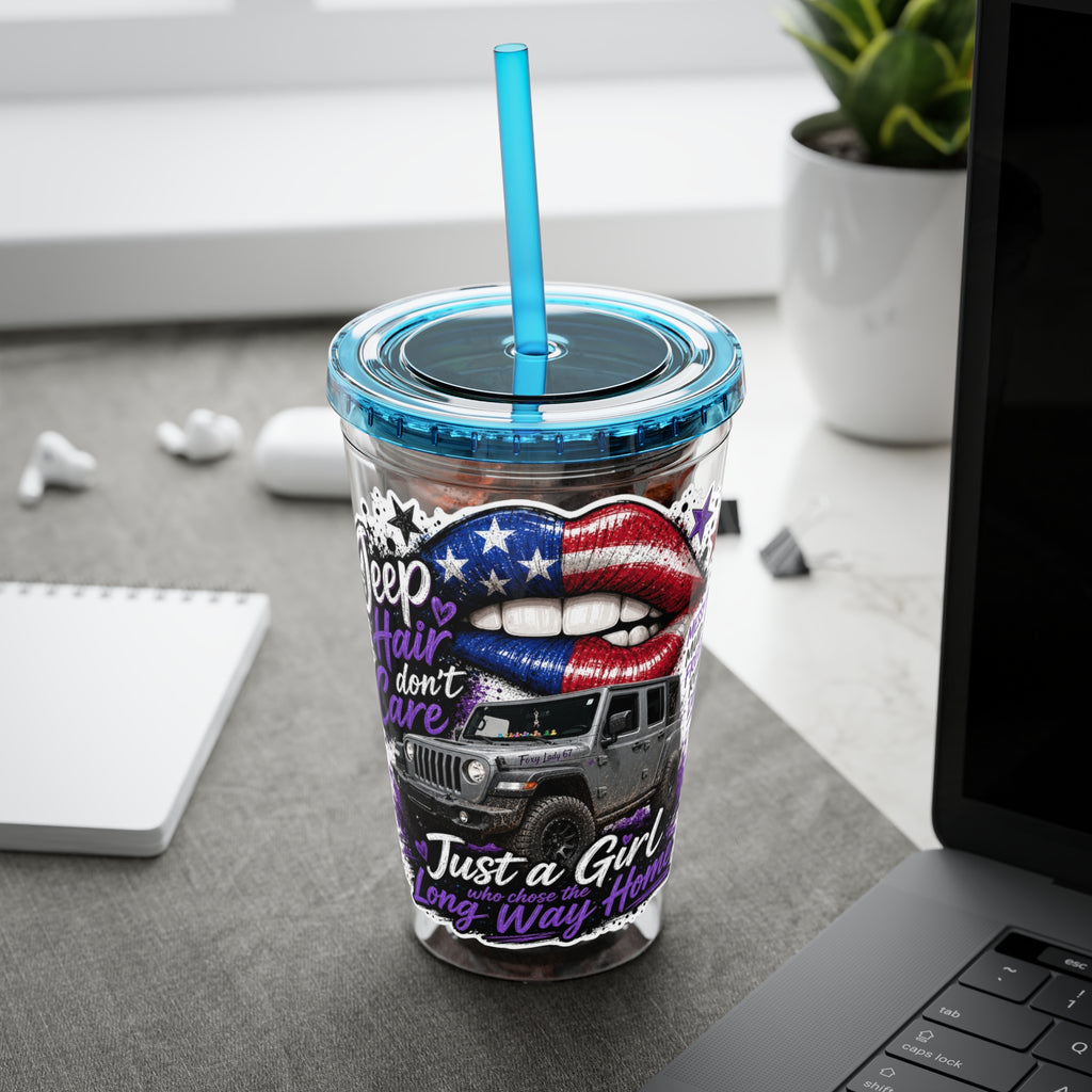 Jeep Girl 16oz Tumbler with Straw — American Flag Lips ‘Jeep Hair Don’t Care’ Design