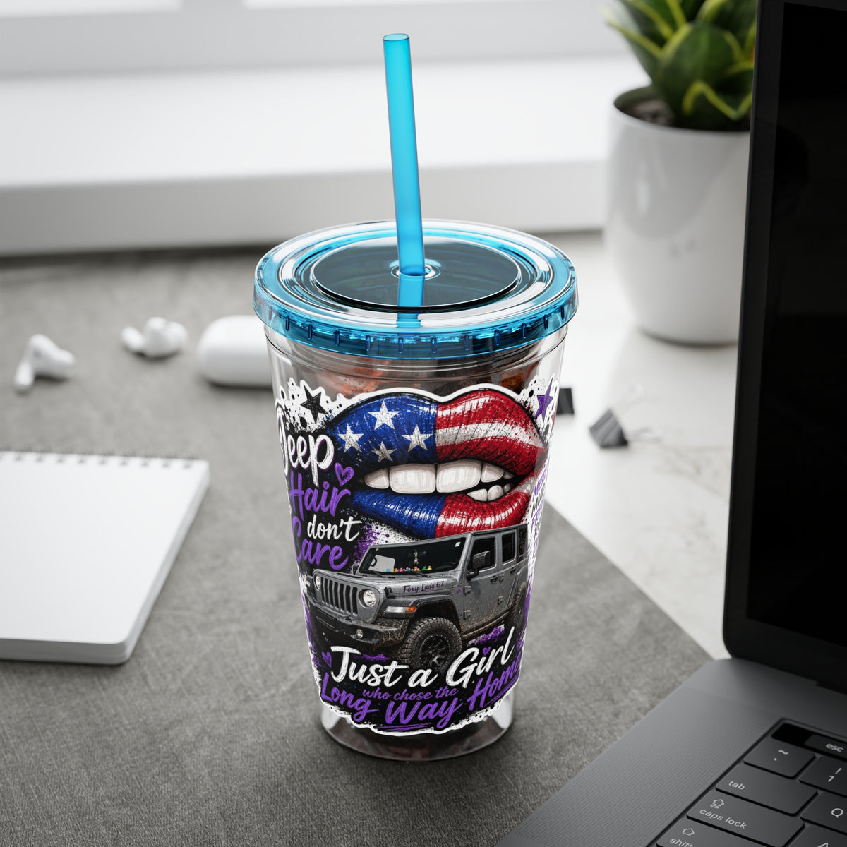 Jeep Girl 16oz Tumbler with Straw — American Flag Lips ‘Jeep Hair Don’t Care’ Design