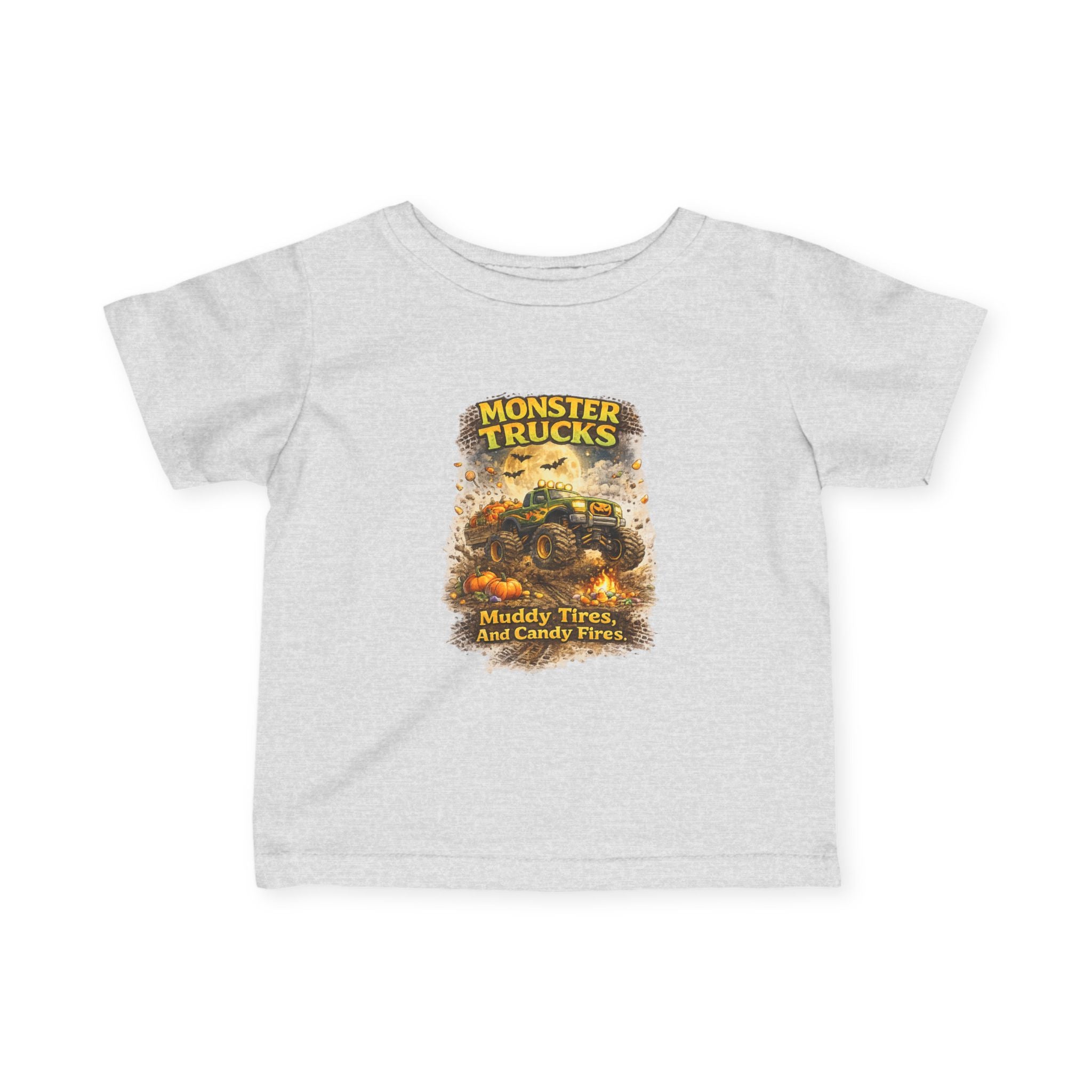 "Monster Trucks: Muddy Tires and Candy Flies" Cute Graphic Baby Shirt — Infant Tee