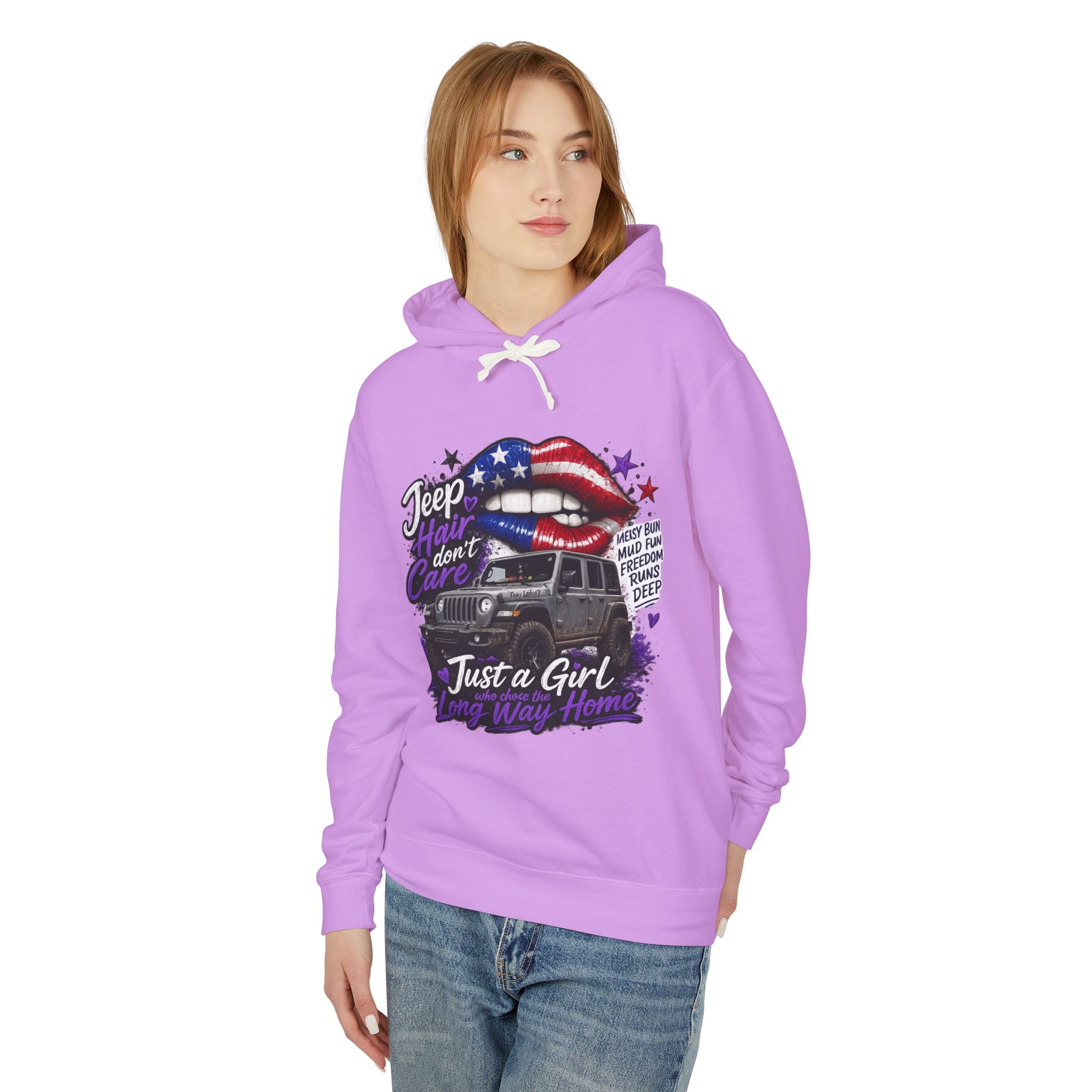 Jeep Just a Girl Hoodie – American Flag Lips Off-Road Sweatshirt