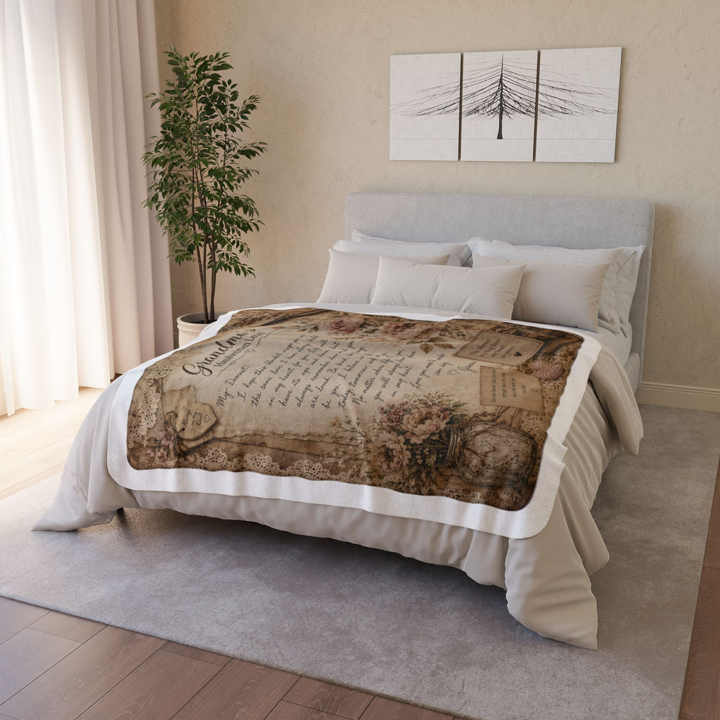 Grandma’s Handwritten Letter Fleece Sherpa Blanket — Vintage Floral Keepsake